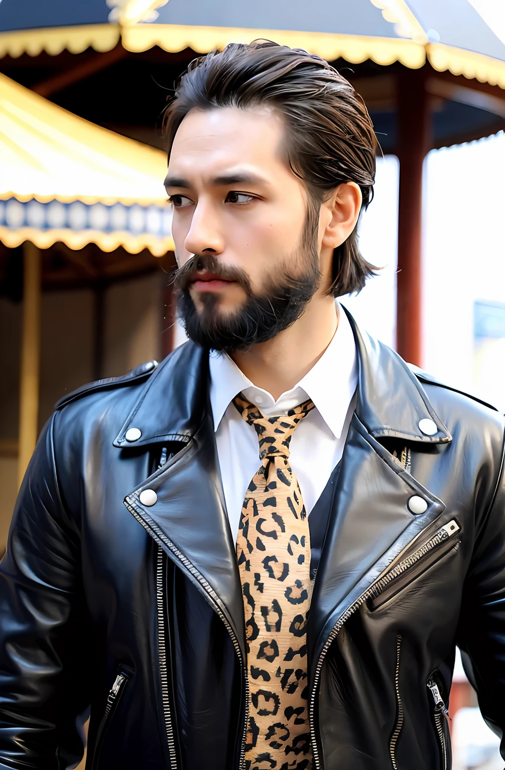 (1 man,(8K:1.3), Gentlemen image,Man photo,mtu(Best quality, Masterpiece), 超高分辨率:1.2),The silhouette combines Japanese masculine style,The image uses a 30-year-old man as a reference,The character's facial contours are three-dimensional,Image design:Complex and wild, Wear leather gloves(Full of detail)hair scrunchie,Short hair and sophisticated,(Gradient lighting), 1 man, Rough skin, Look ahead,Eye anxiety,Dry chapped lips with lipstick,Have a beard,Long, The eyes are slender, (Photorealistic:1.4), (Best quality:1.0), (超高分辨率:1.0), 8K, RAW photo, (Masterpiece:0.2), (PureErosFace_V1:0.5),,Feral male image, Men's leather biker jacket(Metal button trims),Leopard print denim shirt,Fancy black and white tie,A thick rope is tied around the waist, The venue is located in front of the playground carousel, The man's expression was nervous,Seductive eyes and movements,mystical ambiance,Facial features are three-dimensional,Hair is scattered and layered,Lights illuminate the characters from top to bottom,sun light