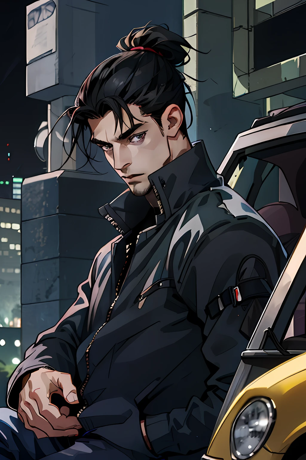 (absurdes, ah high, ultra detialed), ciberpunk, 1人, tmasterpiece, Mature man, big, beste-Qualit, extra high resolution, nightfall, urban landscape, Depth of field,  tall muscular guy, ((gray eyes)) , Long black hair, forehead, angular jaw, thick neck, wide shoulders, Stern face, Collared jacket, Single man, beard,  ciberpunk, A detailed eye