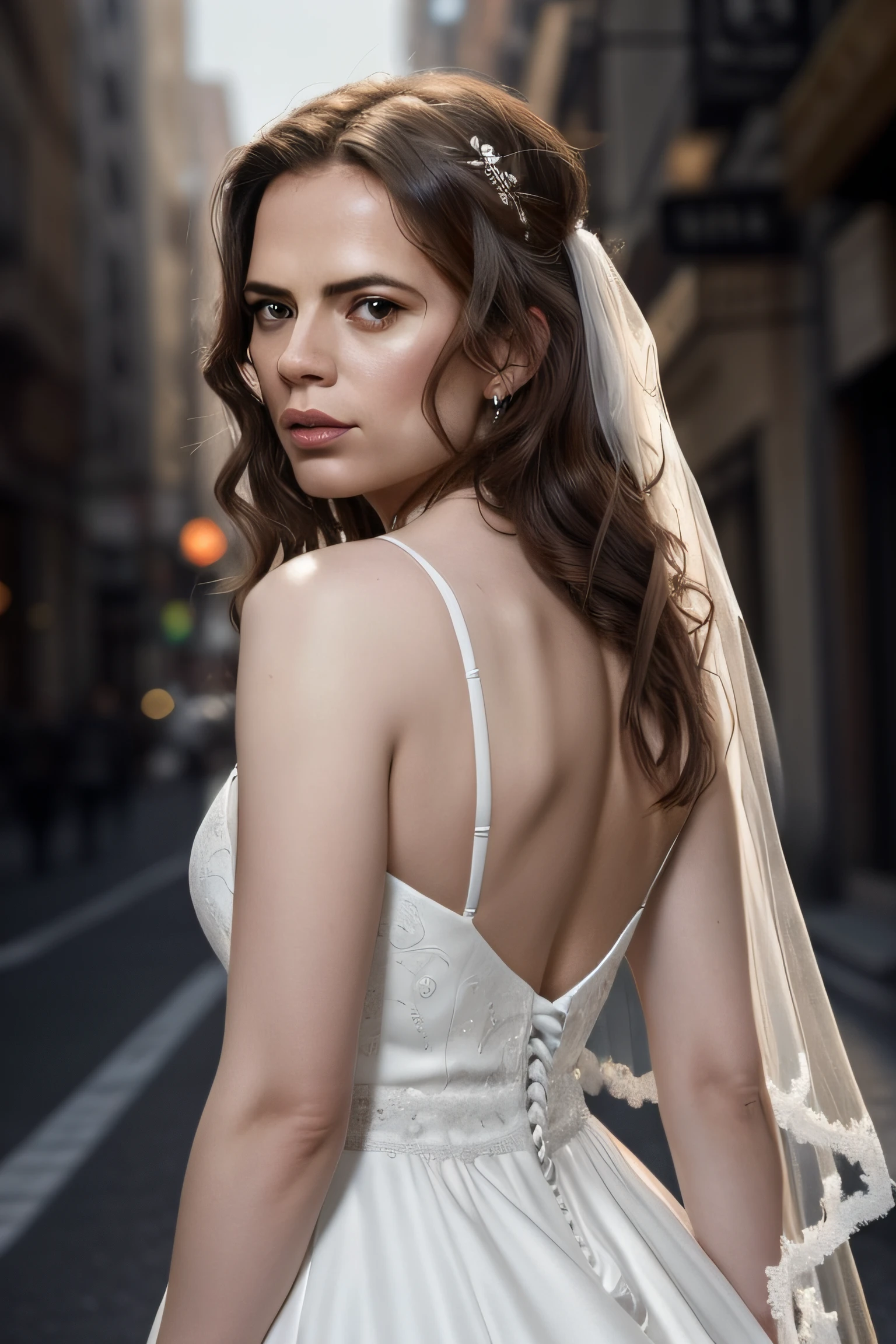 Beautiful woman, Hayley Atwell, dancing, wearing a (long white wedding dress), beautiful legs, (long curly hair), veil, detailed eyes, (detailed realistic face), highly detailed, modelshoot style, (extremely detailed CG unity 8k wallpaper), (full body shoot) photo of the most beautiful artwork in the world, downtown fashion top model, by Jeremy Mann, trending on ArtStation, trending on CGSociety, Intricate, High Detail, Sharp focus, dramatic, photorealistic painting art by midjourney