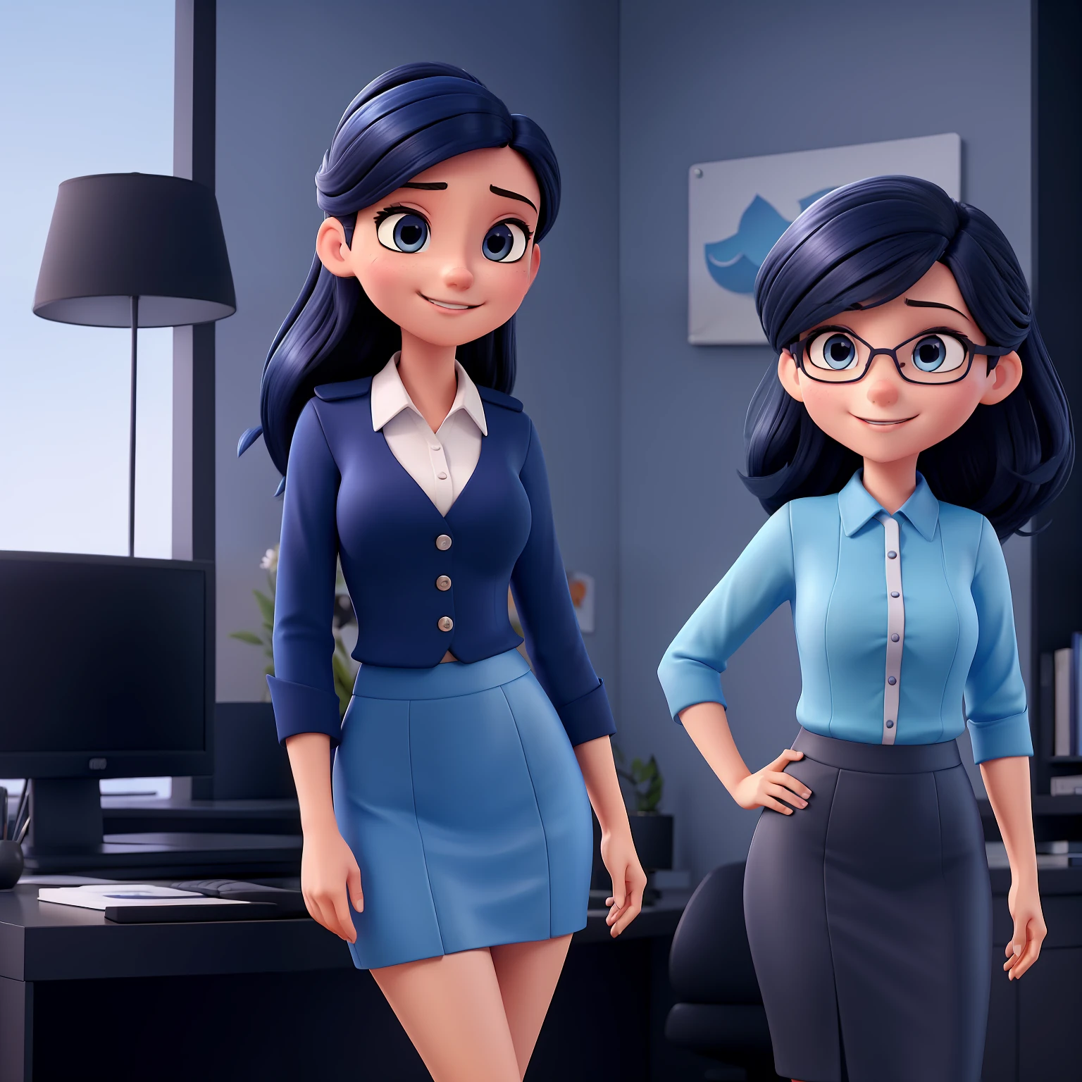 crie um avatar profissional estilo cartoon, of a young and beautiful secretary in a suit and blue tight skirt, avatar simpatico e sorridente, mid hair, preto e liso,