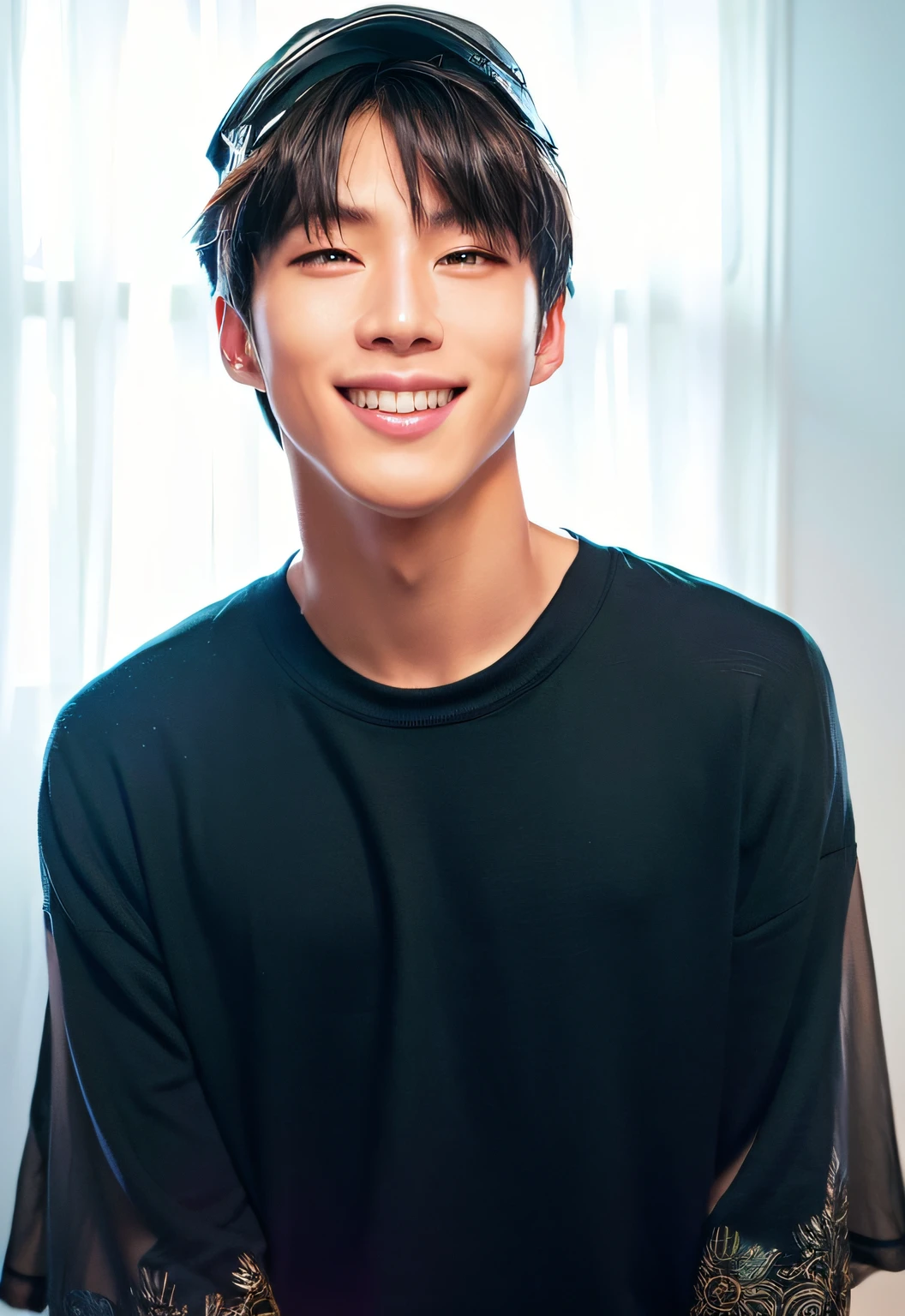 1boy, male focus, 1boy, asian, thai,bangs, black eyes,looking_at_viewer, realistic, solo,good lighting quality,(masterpiece, ultra quality, high resolution, 8k, intricate: 1.2), (detailed face:1.2), handsome, , detailed skin,(best quality) A Young Thai man , 1boy, white skin , detailed skin, 1boy, ((realistic)), abs, good lighting quality, muscle veins, ((pale skin)), footballer, (masterpiece, ultra quality, high resolution, 8k, intricate:1.2), (detailed face:1.2), handsome,man wearing a hat and a white shirt smiling,