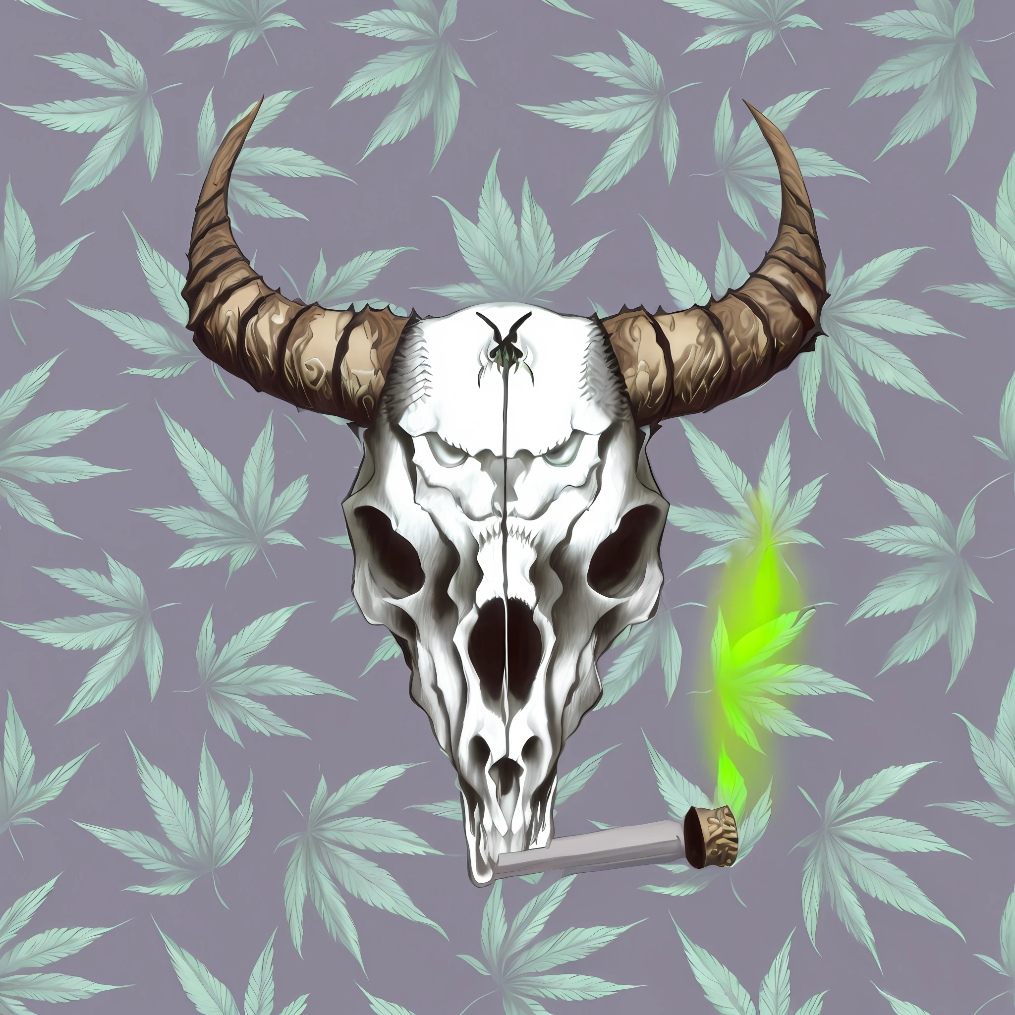 There's a skull with the G in my fountain, com chifres, uma serpene entre os olhos, and a cigarette in front of a pattern of marijuana leaves., fundo verde, da erva daninha, fumar maconha, erva daninha, Stoner, marijuana smoke, projeto da menina chifres exuberantes, Joints, colorful illustration for tattoo, personification of marijuana, Cannabis, sharp high quality artwork, paranoia da cannabis, with an animal skull for a head, Tema Maconha, transparent smoke from hell
