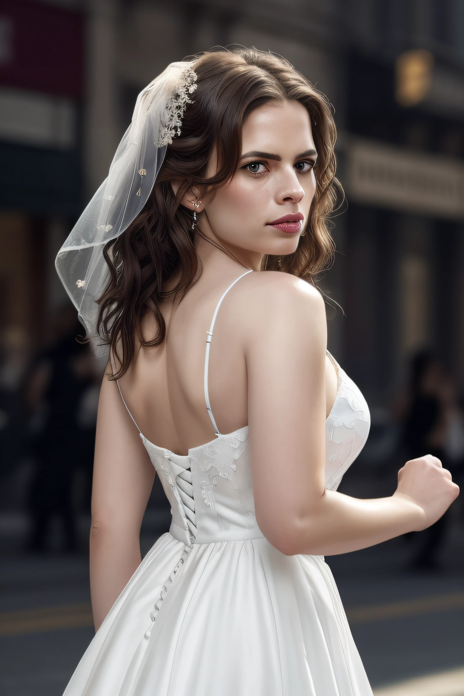 Beautiful woman, Hayley Atwell, dancing, wearing a (long white wedding dress), beautiful legs, (long curly hair), veil, detailed eyes, (detailed realistic face), highly detailed, modelshoot style, (extremely detailed CG unity 8k wallpaper), (full body shoot) photo of the most beautiful artwork in the world, downtown fashion top model, by Jeremy Mann, trending on ArtStation, trending on CGSociety, Intricate, High Detail, Sharp focus, dramatic, photorealistic painting art by midjourney