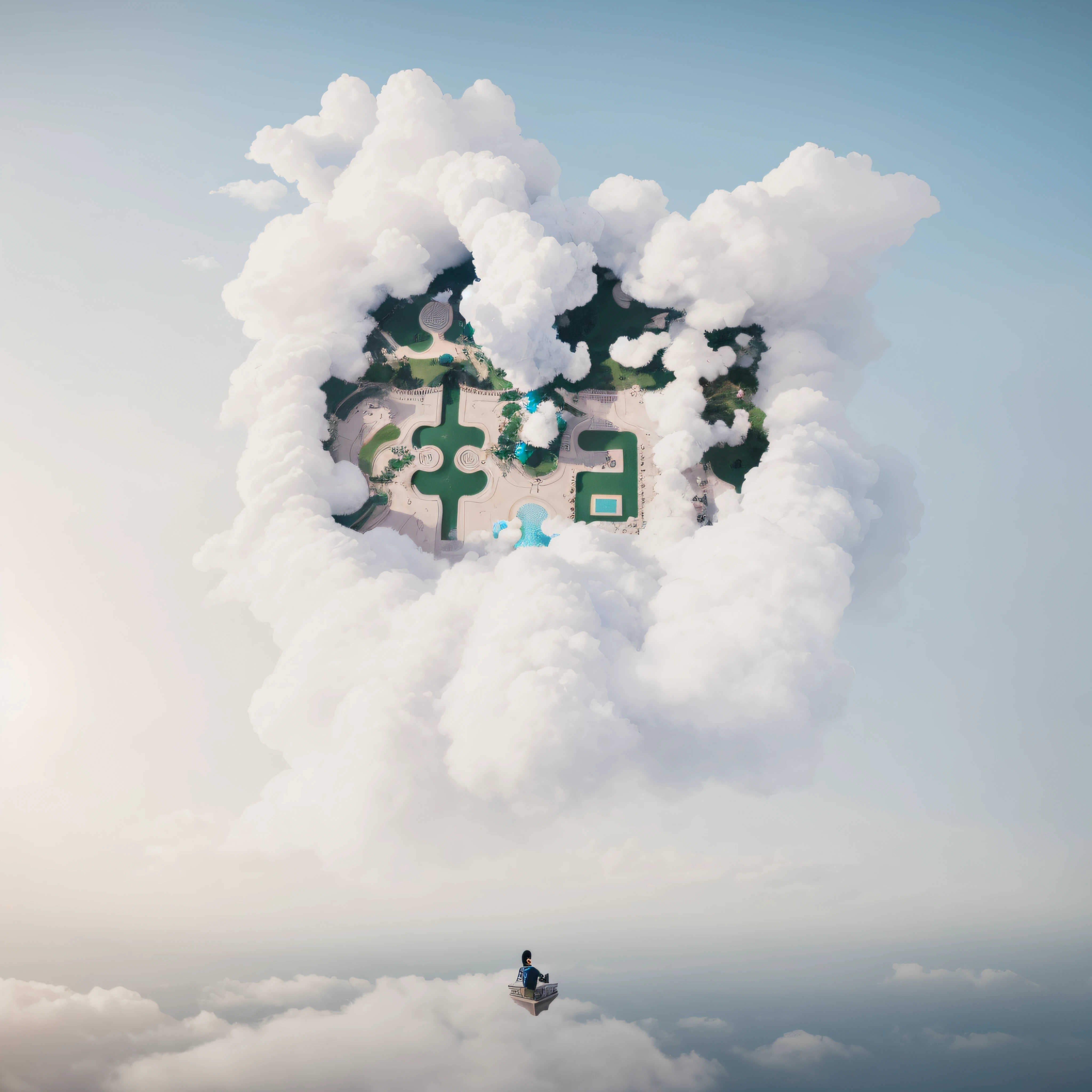 The park has an Arafid landscape with fountains and plenty of clouds, floating lands in-clouds, castle made of clouds, floating city on clouds, Cloud Palace, a surreal dream landscape, lie on white clouds fairyland, artem demura beeple, surreal clouds, inspired by Mike Winkelmann, Inspired by Matthias Jung,Long view,bird's-eye view,wide sky,Above the sky, soft and fluffy clouds, white clouds,masterpiece photo,