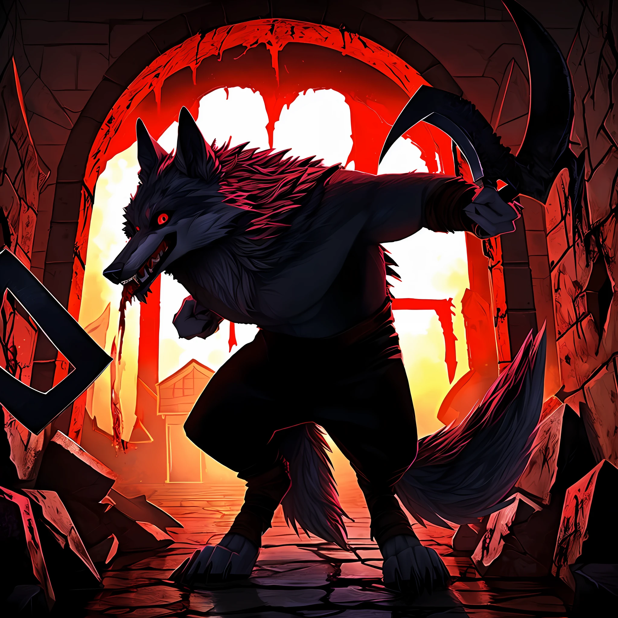 Death wolf is looking at the viewer with his dark red eyes is holding his two scythes they are full of blood horror scene in the background has a house inside is full of blood he just killed the family that lives inside this house and is saying the following is no use screaming for help you will die anyway I am your worst nightmare I am the terror of this world I I am a servant of Lucifer 666 hell is waiting for you