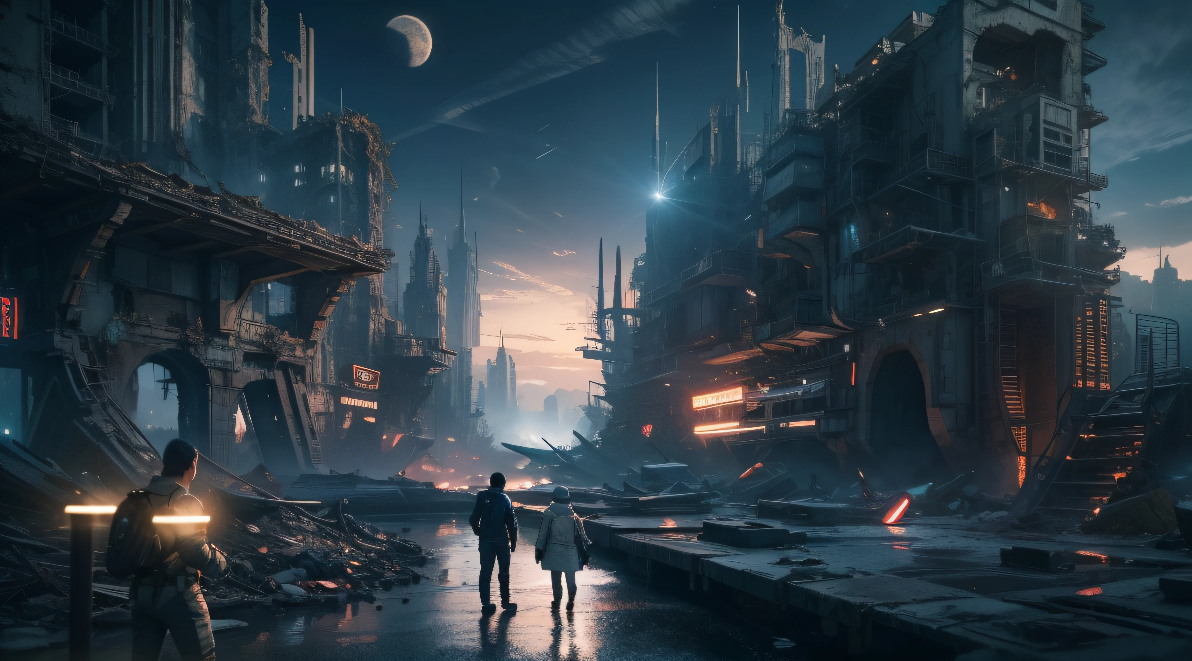 the night，Astronauts are exploring the ruins of a futuristic city. The scene was full of anticipation and mystery. Perspective Overlook The scene is full of intricate details, Show off cinematic style ，surrealism, hyper photorealism, Chiaroscuro, Depth of field, JPEG artifacts, Wide shot, Perspective, Atmospheric perspective, in a panoramic view, Lens flare, hyper HD, Masterpiece, ccurate