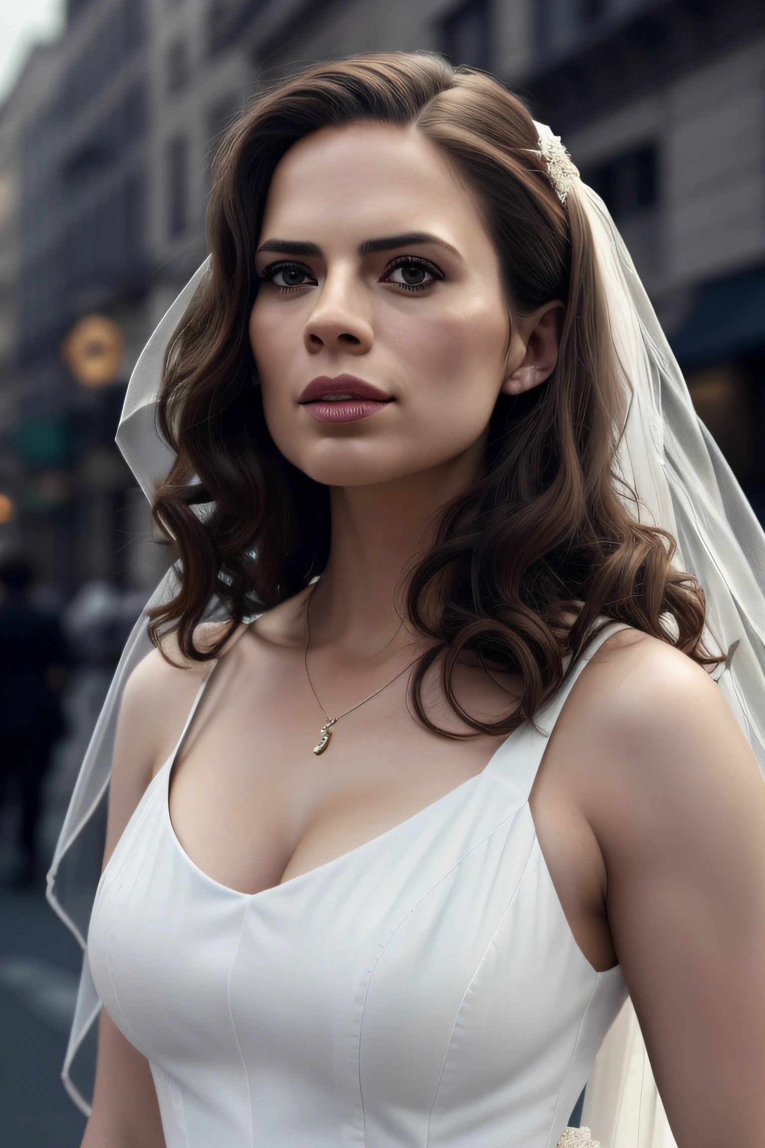 Beautiful woman, Hayley Atwell, dancing, wearing a (long white wedding dress), beautiful legs, (long curly hair), veil, detailed eyes, (detailed realistic face), highly detailed, modelshoot style, (extremely detailed CG unity 8k wallpaper), (full body shoot) photo of the most beautiful artwork in the world, downtown fashion top model, by Jeremy Mann, trending on ArtStation, trending on CGSociety, Intricate, High Detail, Sharp focus, dramatic, photorealistic painting art by midjourney