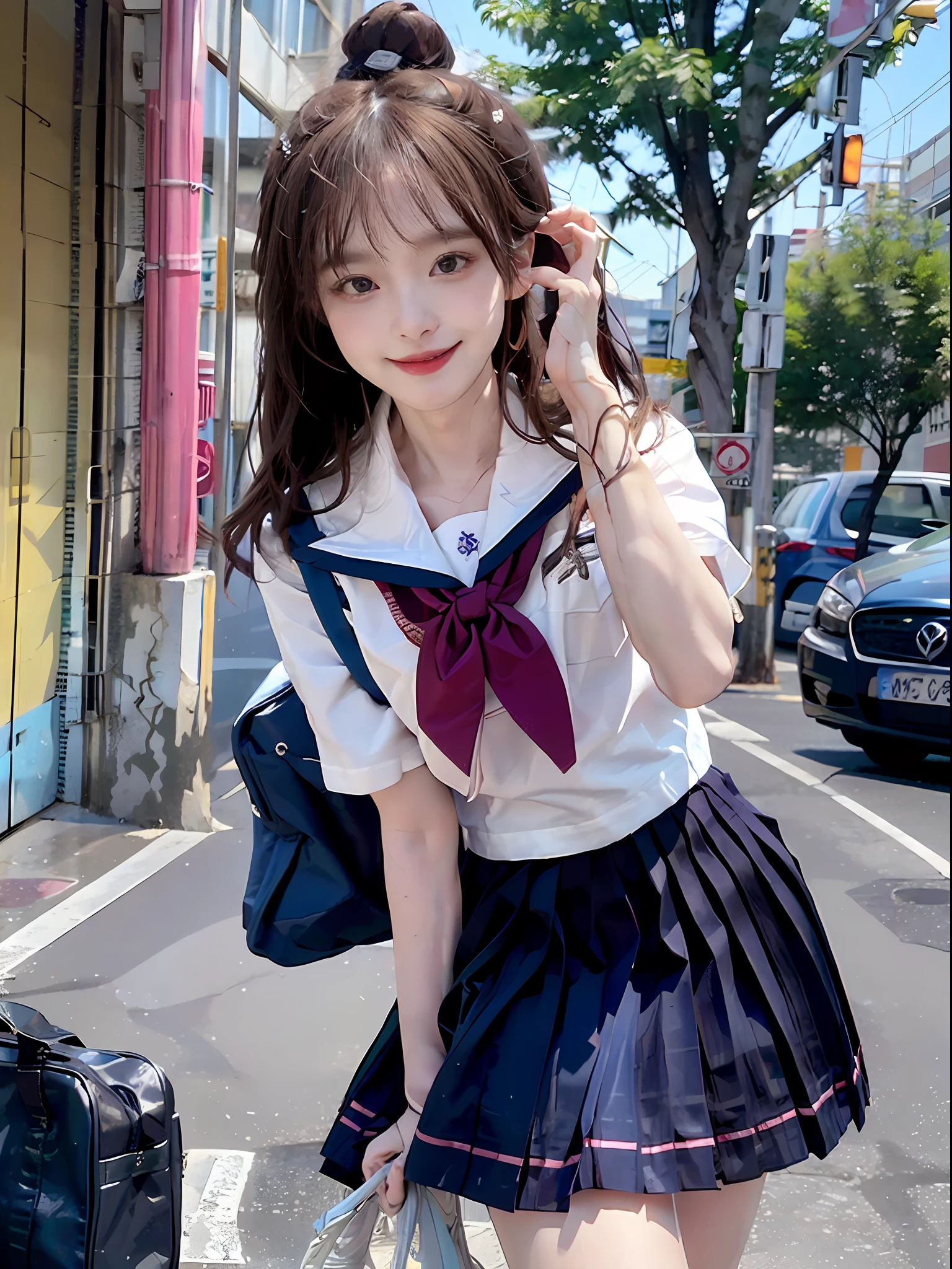 Shoot Bob Hair、high school girls、(((Summer School Uniform)))、white shirts、Blue striped tie、Short sleeve、Dark blue prill skirt、Walking、Student bag tote bag in hand、8Head and body、In the urban cityscape、walkway、Keyaki Avenue、short wavy hair、Small head、Pale pink lips、smiling smile、happiness、tiny breasts、Small hips、skinny body