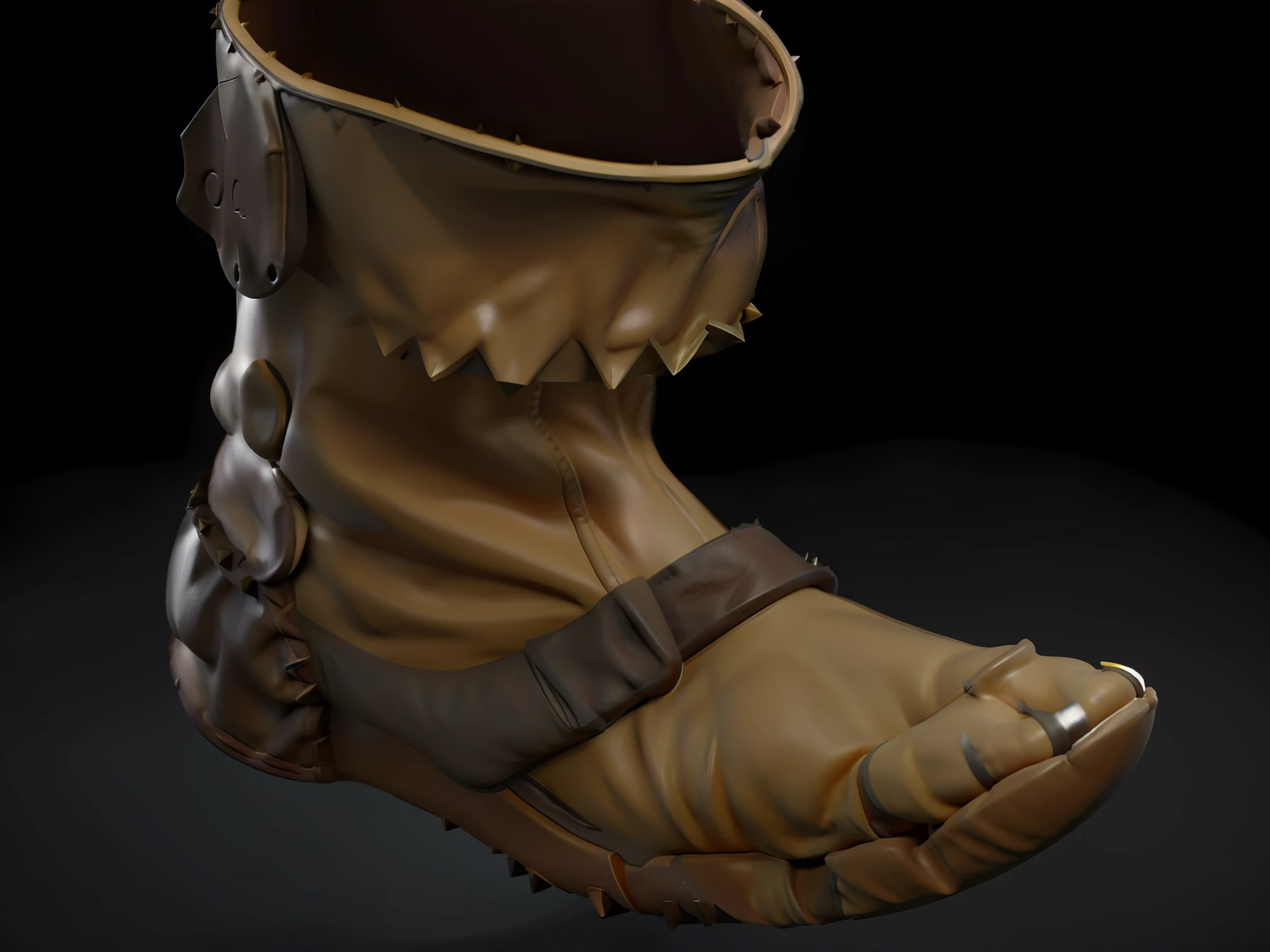 Close-up of boots， jester shoes, heavy boots, greaves, Contextureless, hoofs, smooth shading, trending on polycount, heavily stylized, Brown boots, smooth light shading, battle shoes, Warm shadow, detailed foot shot, polycount, arte renderizada, skin spikes, Boots, Foot, Stylized 3 D
