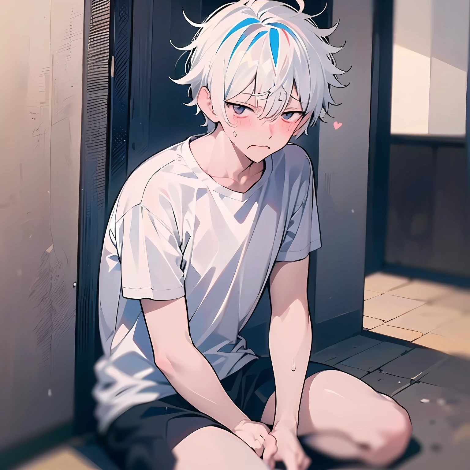 (anime style + soft moe) A cute and weak boy with white hair and a white shirt, he has a sad expression and sits on the ground crying. The picture style is fresh and simple, rendered like a comic, and the lens is displayed as a distant view,