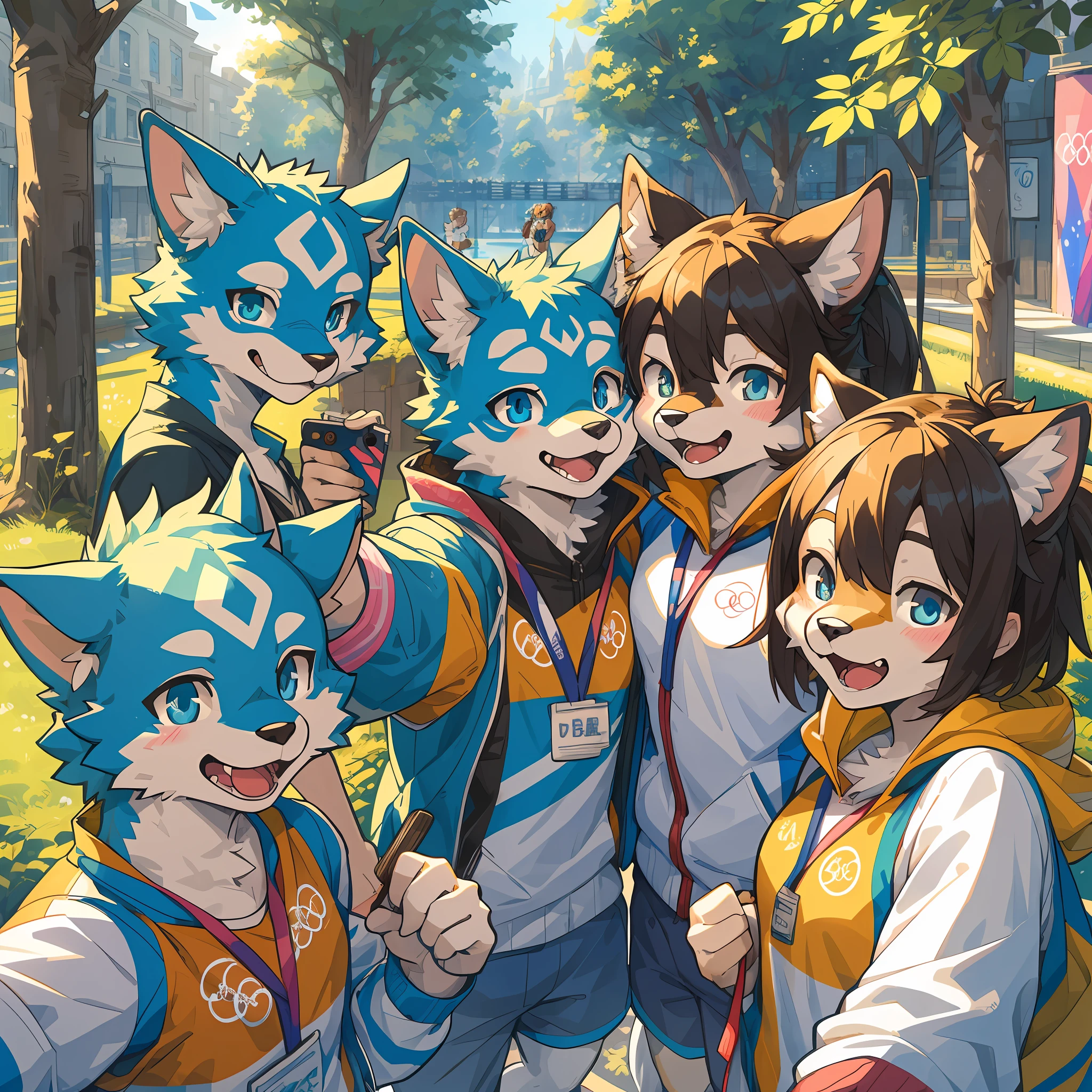top quality, best quality, High-quality illustrations, masterpiece, super high resolution, detailed background, detailed background, Olympic Games, group shot:0.2, 6+boys, 6+girls, Happy, joyful, absurdres(highly detailed beautiful face and eyes)perfect anatomy(kemono, furry anthro)selfie:0.1,