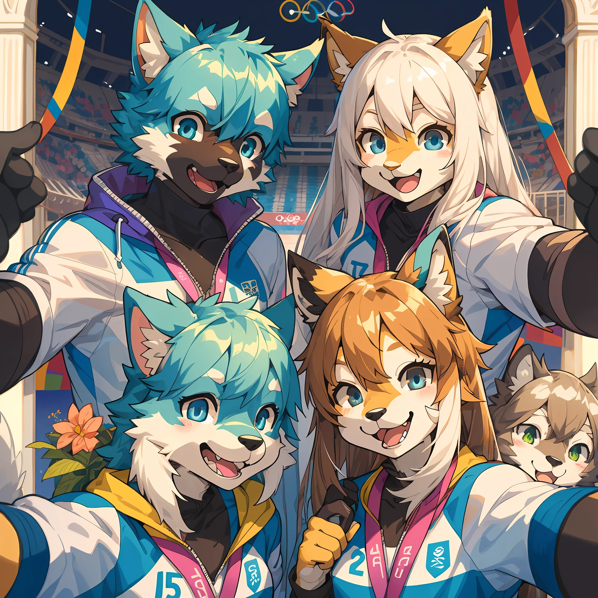 top quality, best quality, High-quality illustrations, masterpiece, super high resolution, detailed background, detailed background, Olympic Games, group shot:0.2, 6+boys, 6+girls, Happy, joyful, absurdres(highly detailed beautiful face and eyes)perfect anatomy(kemono, furry anthro)selfie:0.1,