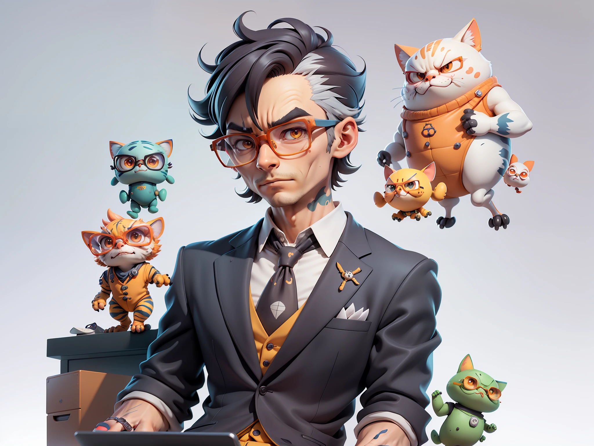 A young man in a suit, Short hair and glasses sat at his desk,holding laptop,digitial painting,tigre,3D character design by Mark Clairen and Pixar and Hayao Miyazaki and Akira Toriyama,4K HD illustration,Very detailed facial features and cartoon-style visuals。