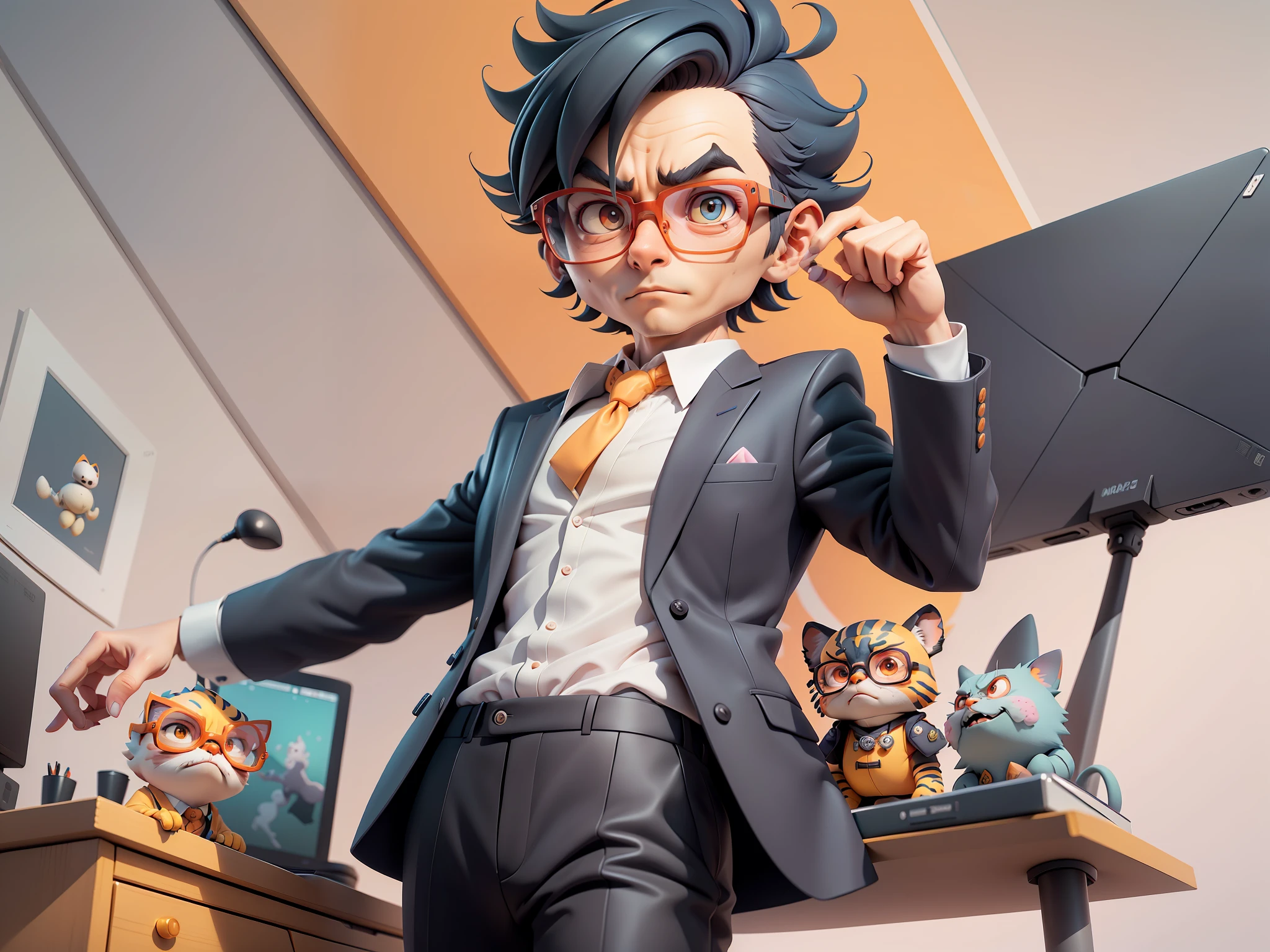 A young man in a suit, Short hair and glasses sat at his desk,holding laptop,digitial painting,tigre,3D character design by Mark Clairen and Pixar and Hayao Miyazaki and Akira Toriyama,4K HD illustration,Very detailed facial features and cartoon-style visuals。