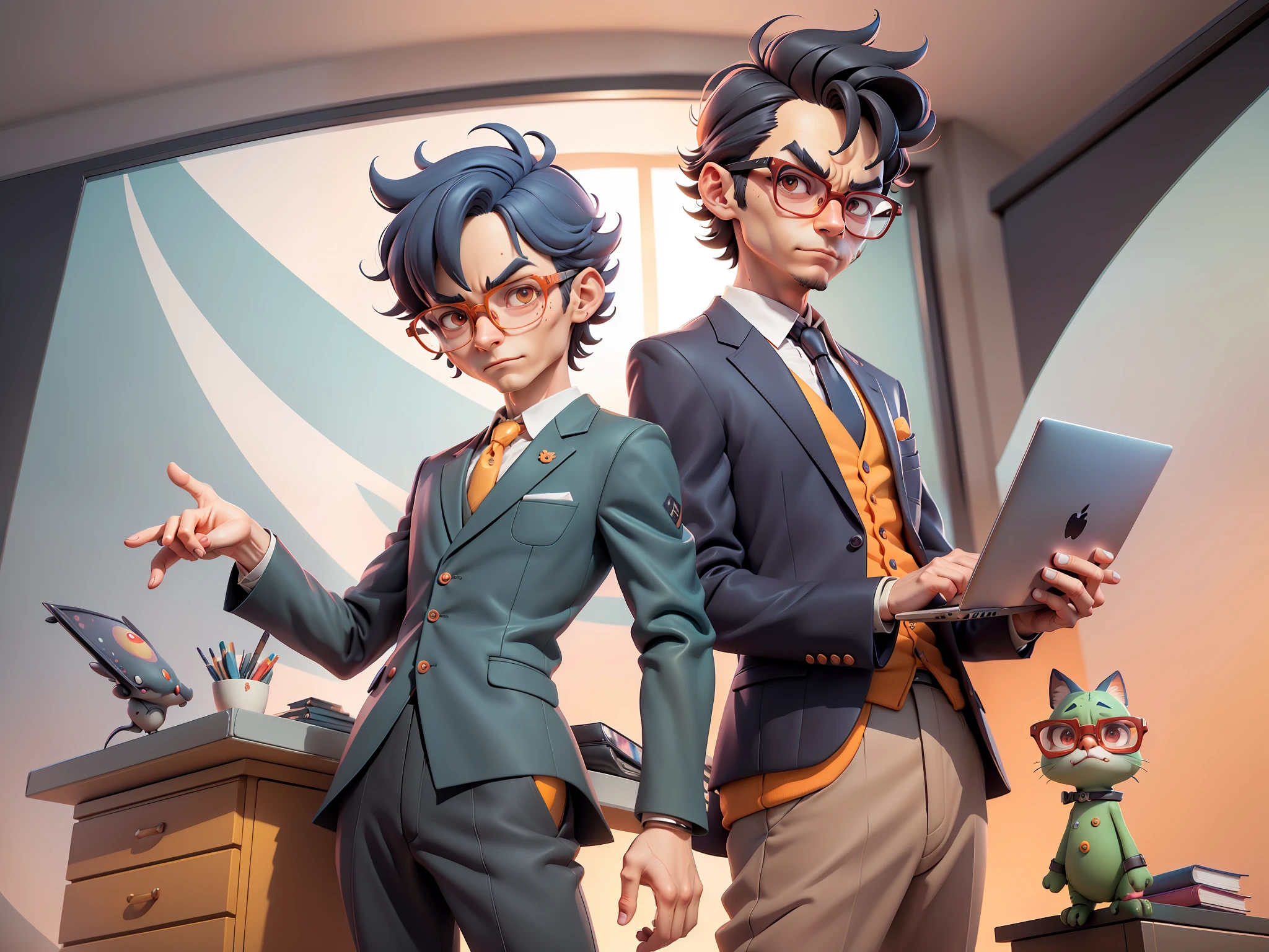 A young man in a suit, Short hair and glasses sat at his desk，holding laptop，digitial painting，tigre，3D character design by Mark Clairen and Pixar and Hayao Miyazaki and Akira Toriyama，4K HD illustration，Very detailed facial features and cartoon-style visuals。