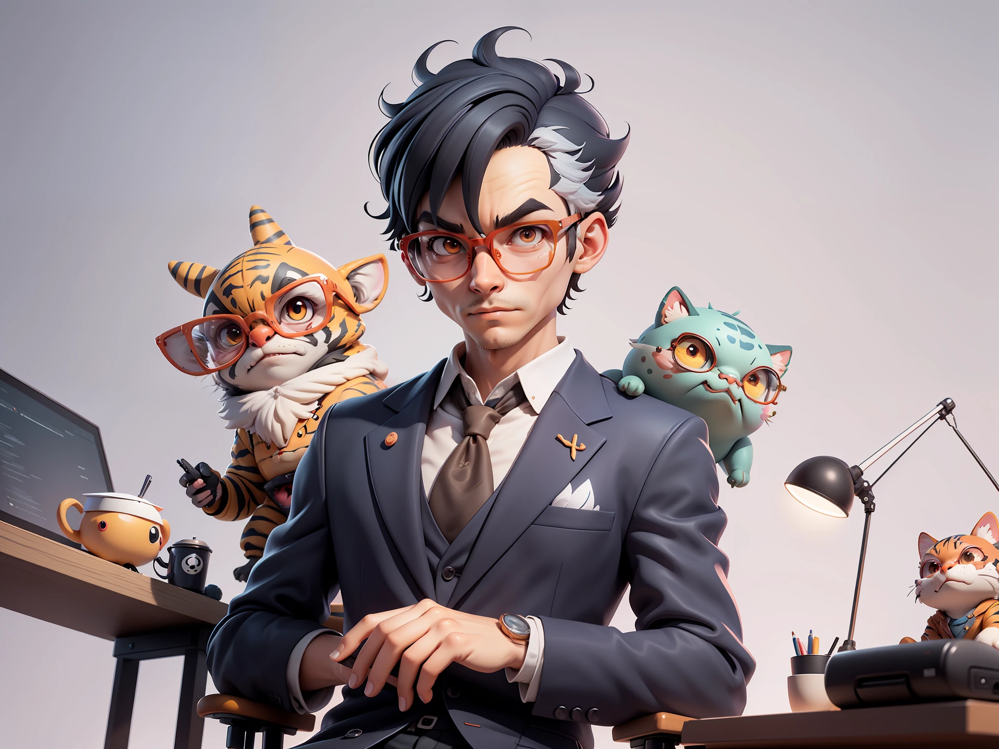 A young man in a suit, Short hair and glasses sat at his desk,holding laptop,digitial painting,tigre,3D character design by Mark Clairen and Pixar and Hayao Miyazaki and Akira Toriyama,4K HD illustration,Very detailed facial features and cartoon-style visuals。