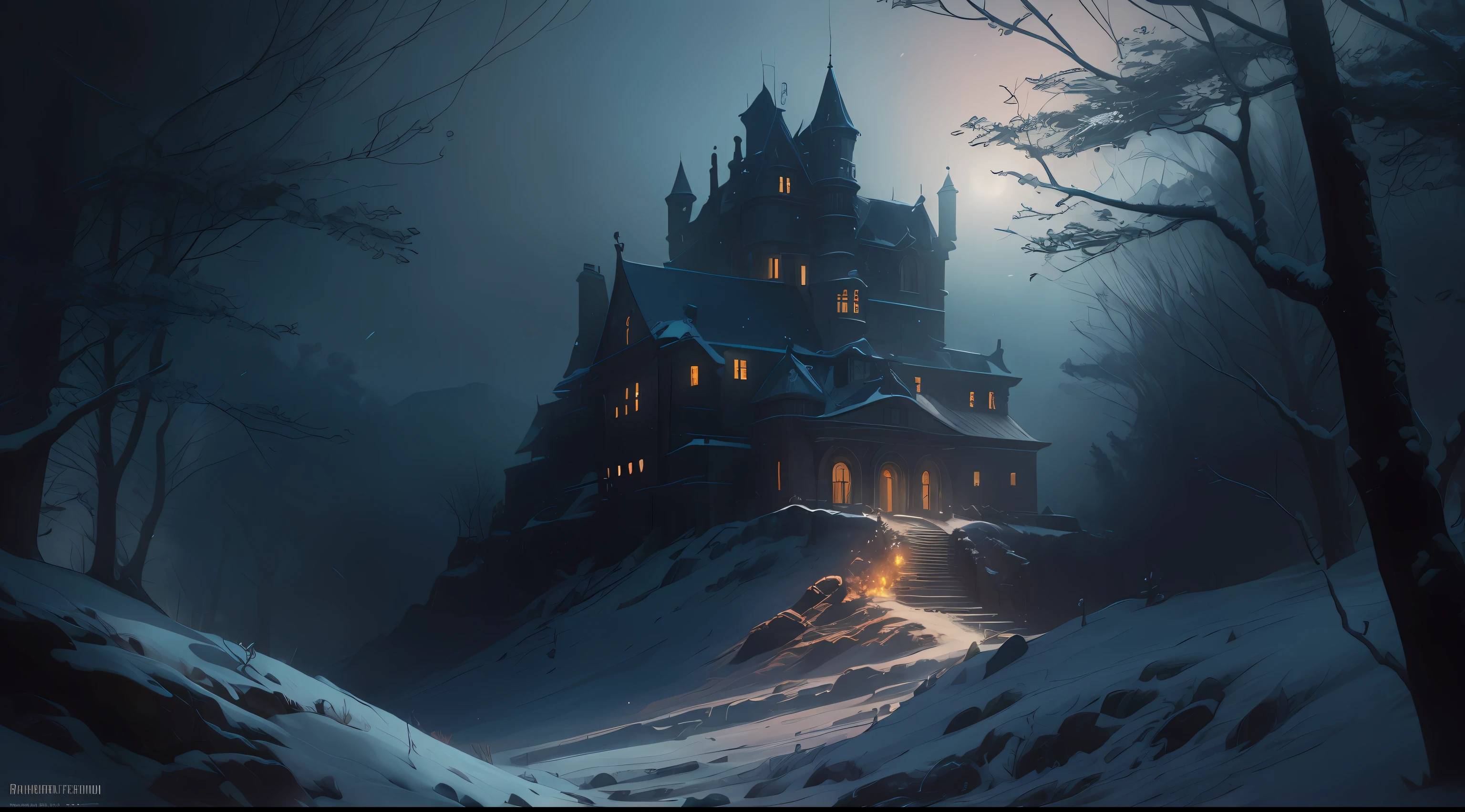 ((night)), winter, scottish medieval castle, dark night atmosphere, dark atmosphere, night ambient, ((foggy atmosphere)), a painting of a meandering snow in a mountain valley, trending on artstation, sharp focus, studio photo, intricate details, highly detailed, by greg rutkowski, a comic book panel by jeffrey smith, featured on deviantart, american scene painting, dc comics, marvel comics, concept art, perfect composition, beautiful detailed intricate insanely detailed octane render trending on artstation, 8 k artistic photography, photorealistic concept art, soft natural volumetric cinematic perfect light, chiaroscuro, award - winning photograph, masterpiece, oil on canvas, raphael, caravaggio, greg rutkowski, beeple, beksinski, giger, centered, symmetry, painted, intricate, volumetric lighting, beautiful, rich deep colors masterpiece, sharp focus, ultra detailed, in the style of dan mumford and marc simonetti, astrophotography