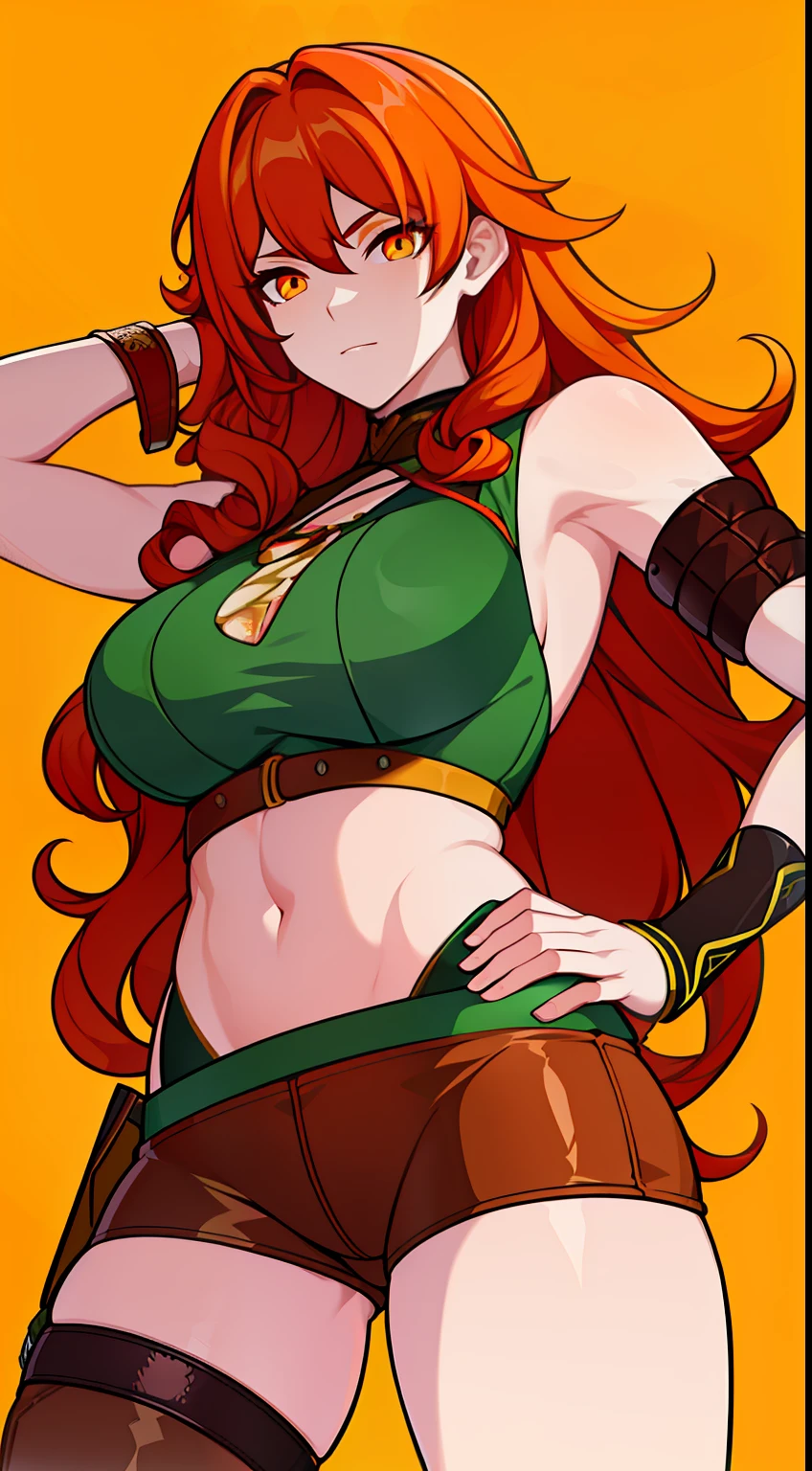 adult girl, long curly orange hair, The Witcher's Yellow Eyes, Green sleeveless top, open belly, musculature, leather armour, sword, Masterpiece, hiquality