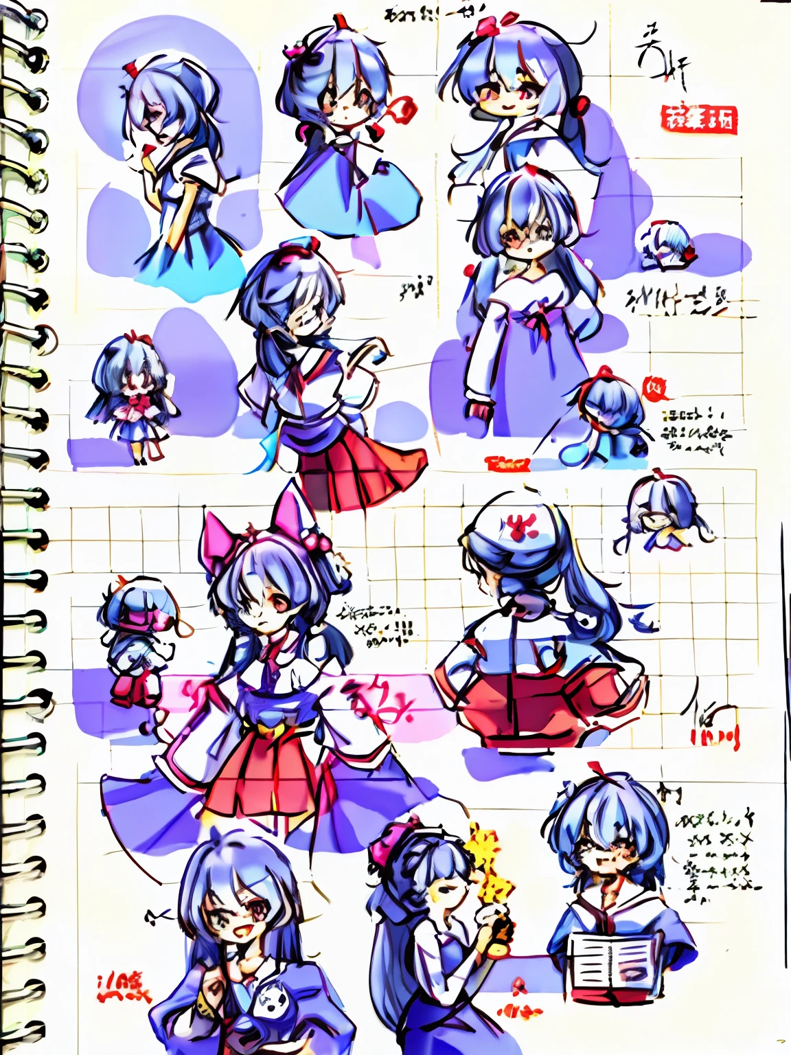 A bunch of sketches of anime characters in a notebook, anime concept art, Anime character design, anime character reference sheet, old artbook, touhou character, Kantai collection style, Shoujo manga character design, anime moe art style, a variety of poses, hori + concept-art, pretty anime character design, Cute anime style, concept art of comiket cosplay, a variety of poses,rich colours