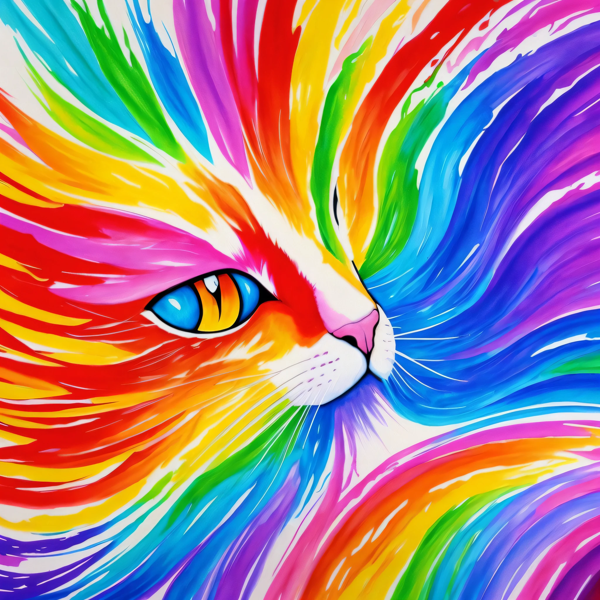 Drawing of a cat with a rainbow mane, Portrait of Lisa Frank, light watercolor, Inspired by Lisa Frank, In the style of Lisa Frank, Lisa - Frank, Lisa Frank Style, by Lisa Frank, In Lisa Frank's Art Style, Proud look, Rainbow Fer, Rainbow gouache, colorful image, Rainbow of bright colors, colorful art