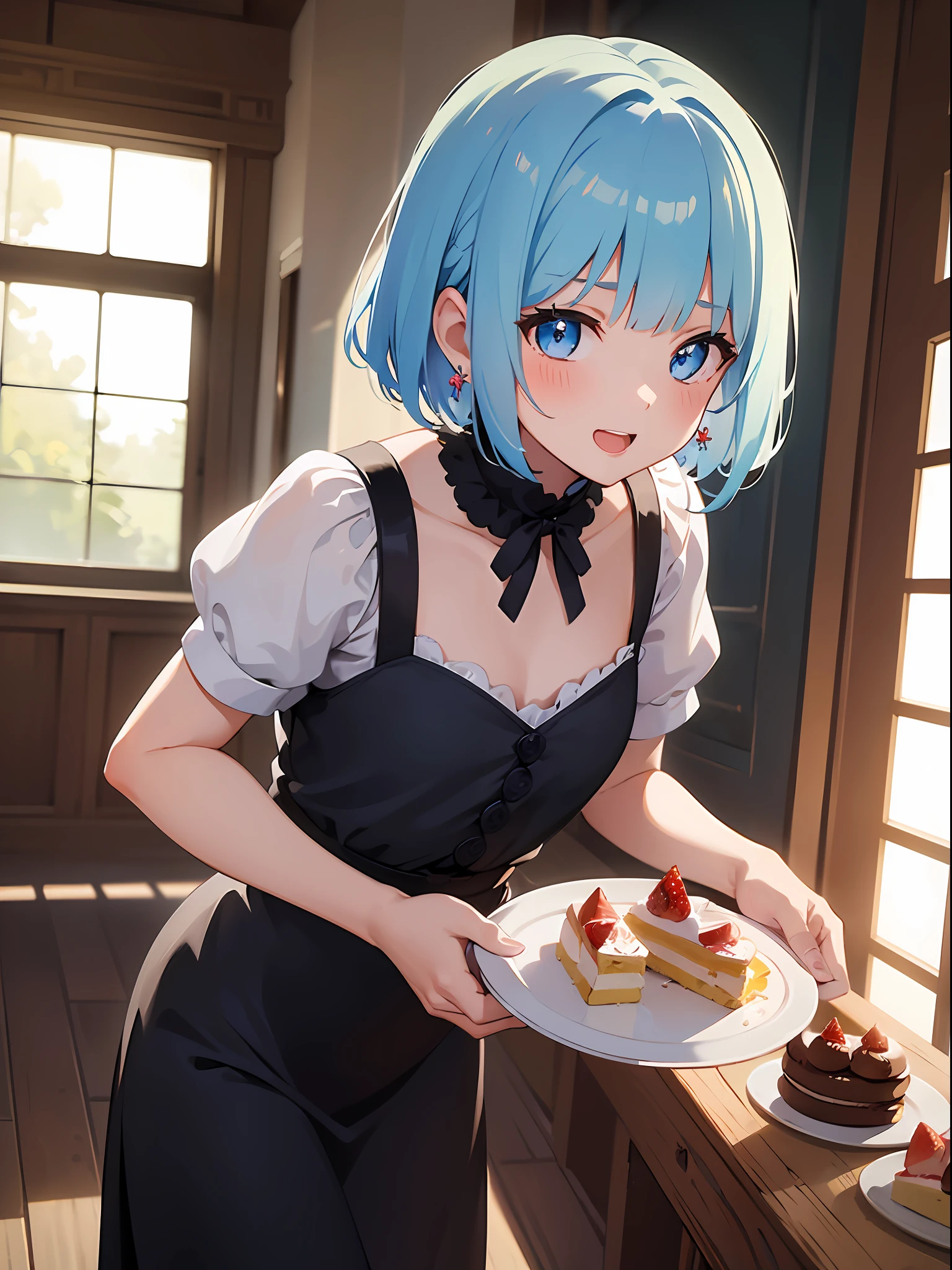 (masterpiece:1.3), (best quality:1.3), high resolution, 


couboy shot, 
leaning forward, body facing forward, 

(one cute girl:1.3), solo, 
white skin, small Breast, eight-headed person, 
light blue hair, (bobbed hair:1.2), (short hair:1.2), (blunt bangs:1.2), beautiful hair, blue eyes, beautiful detailed eyes, 

blush, open mouth, heart, cheerful smile, 

black dress, earrings, 

indoors, (shortcake), 

shadowlighting,
