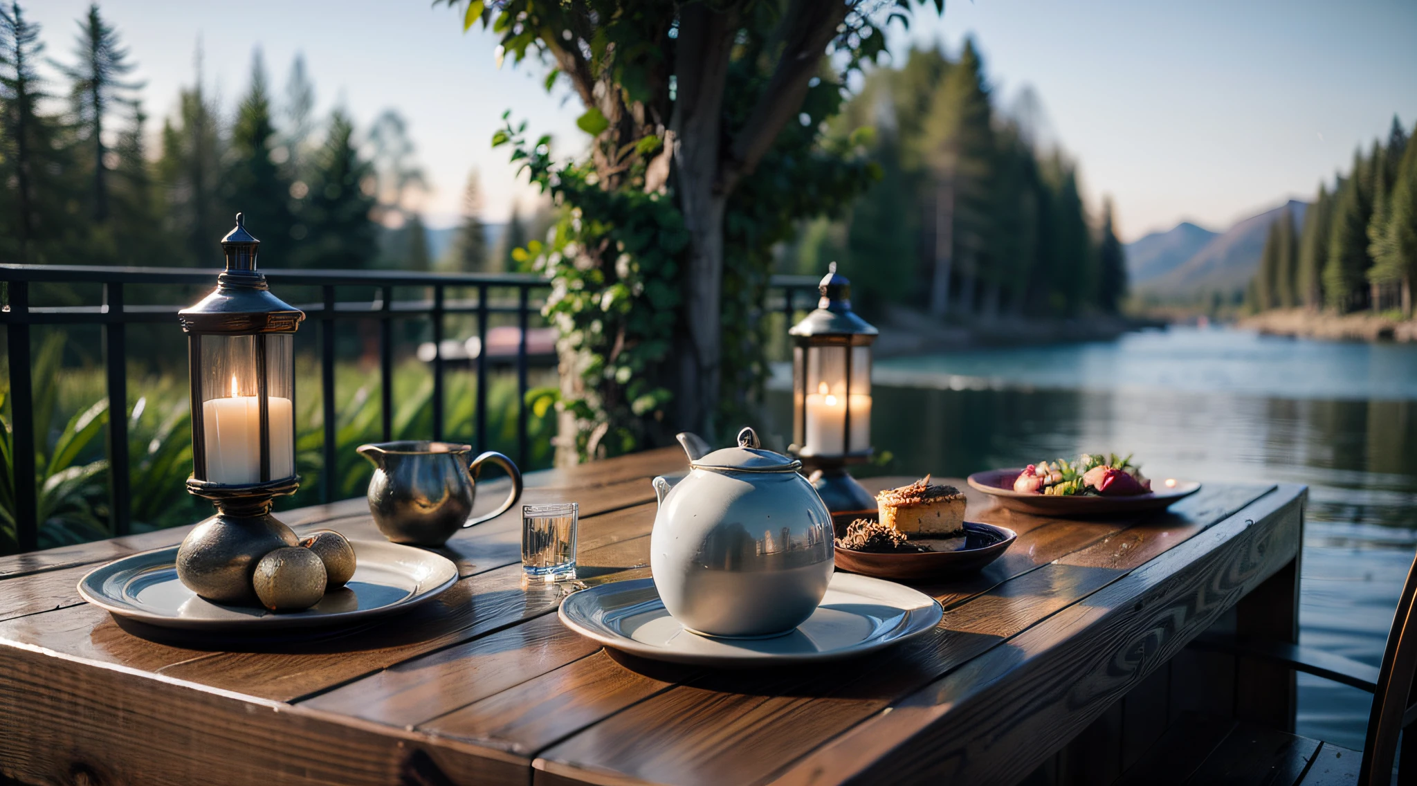 There is a table set with plates and placement settings, Quiet and peaceful style, Unreal Engine ; romantic theme, beautiful place, unreal 5 engine highlly render, Cozy and peaceful atmosphere, quiet and serene atmosphere, beautful view, beautiful setting, 32K rendered in Unreal Engine, rendered in rtx, A luxurious setting, paradise in the background,real, 64k