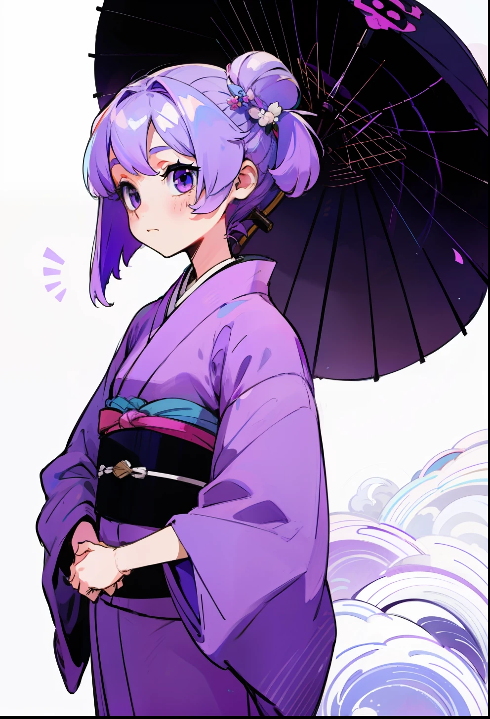 Pastel purple hair, 1Girl, in kimono