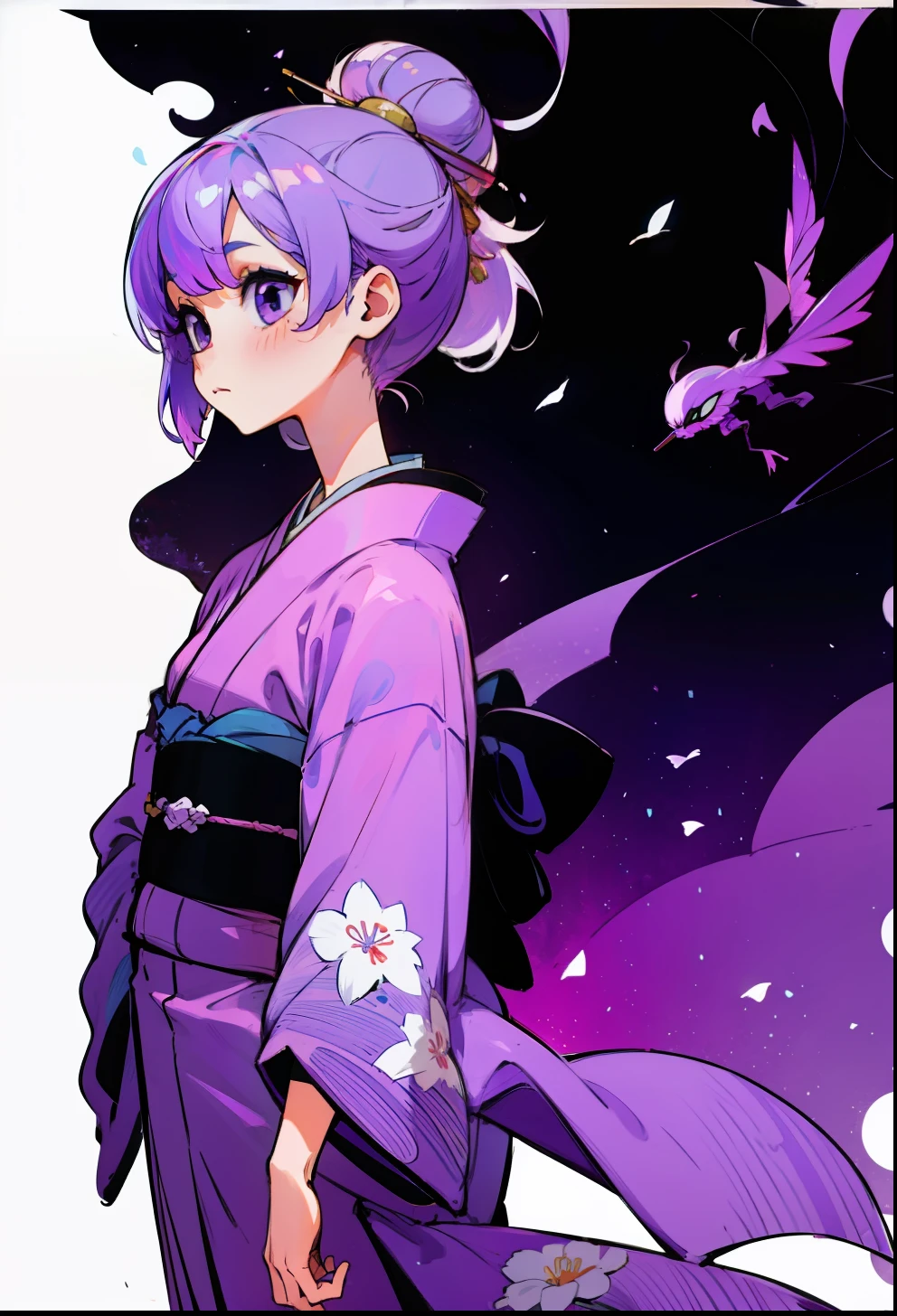 Pastel purple hair, 1Girl, in kimono