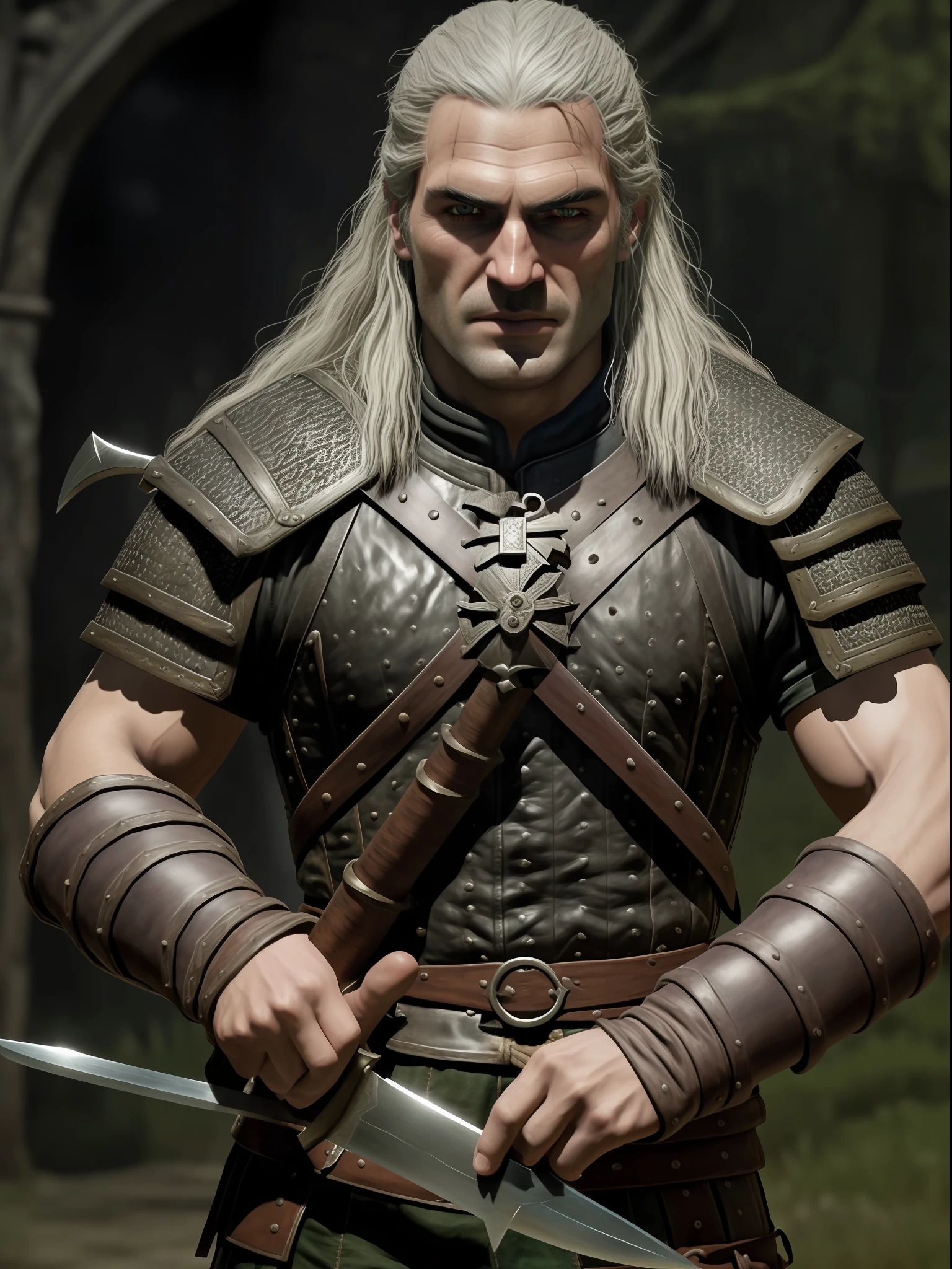 Geralt of Henry Cavil's Rivia with both swords in hand, in his classic pose. (imagem Realista) melhor qualidade) identical face.