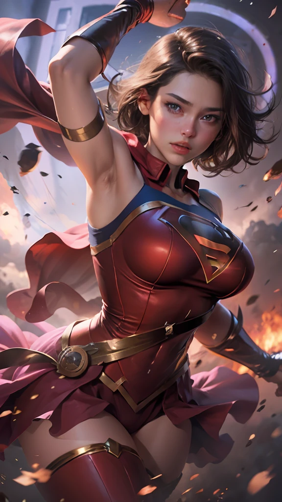 Beautiful woman short hair defined body big breasts, big thighs wearing a Supergirl cosplay