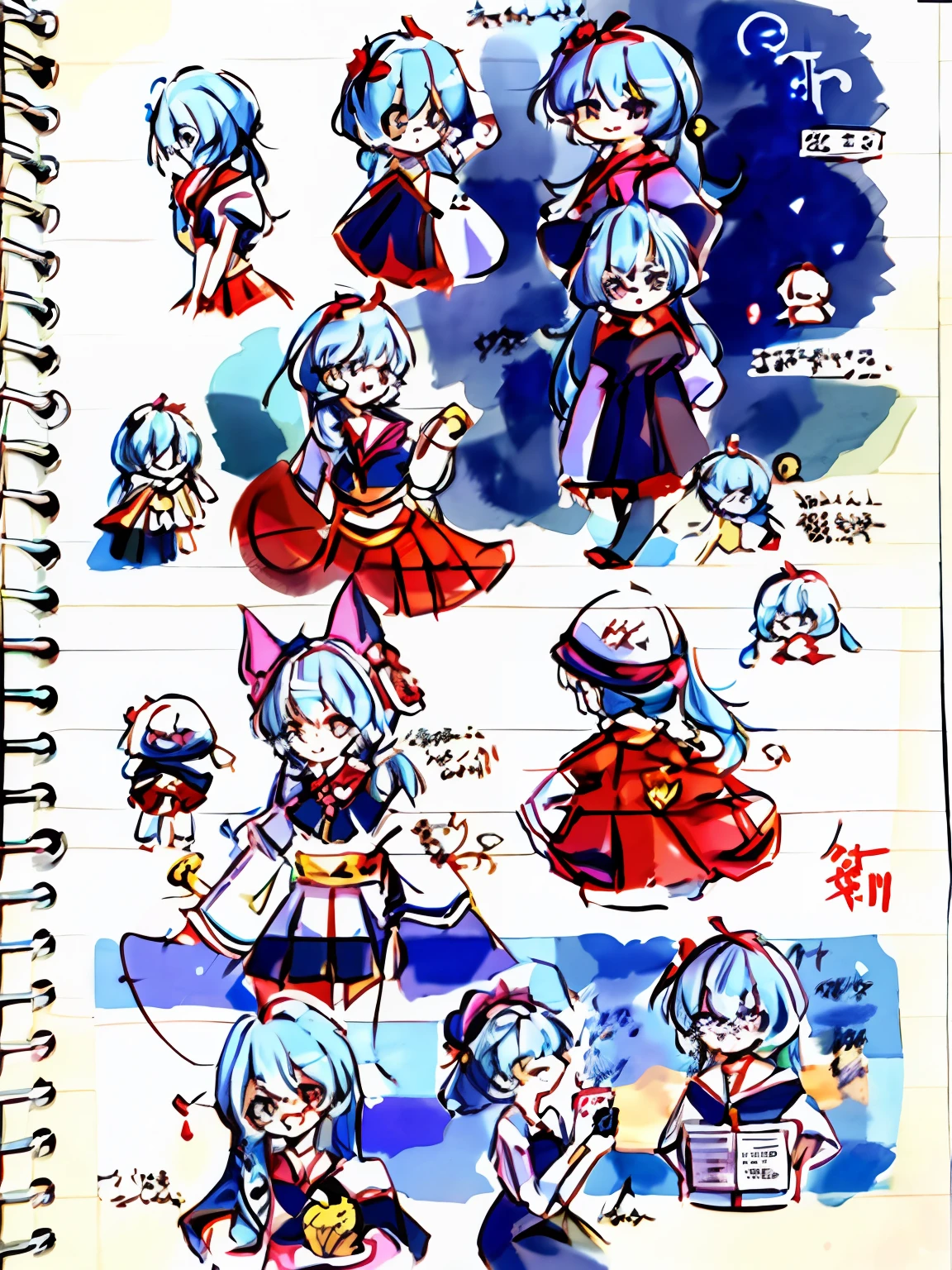 A bunch of sketches of anime characters in a notebook, anime concept art, Anime character design, anime character reference sheet, old artbook, touhou character, Kantai collection style, Shoujo manga character design, anime moe art style, a variety of poses, hori + concept-art, pretty anime character design, Cute anime style, concept art of comiket cosplay, a variety of poses，rich colours