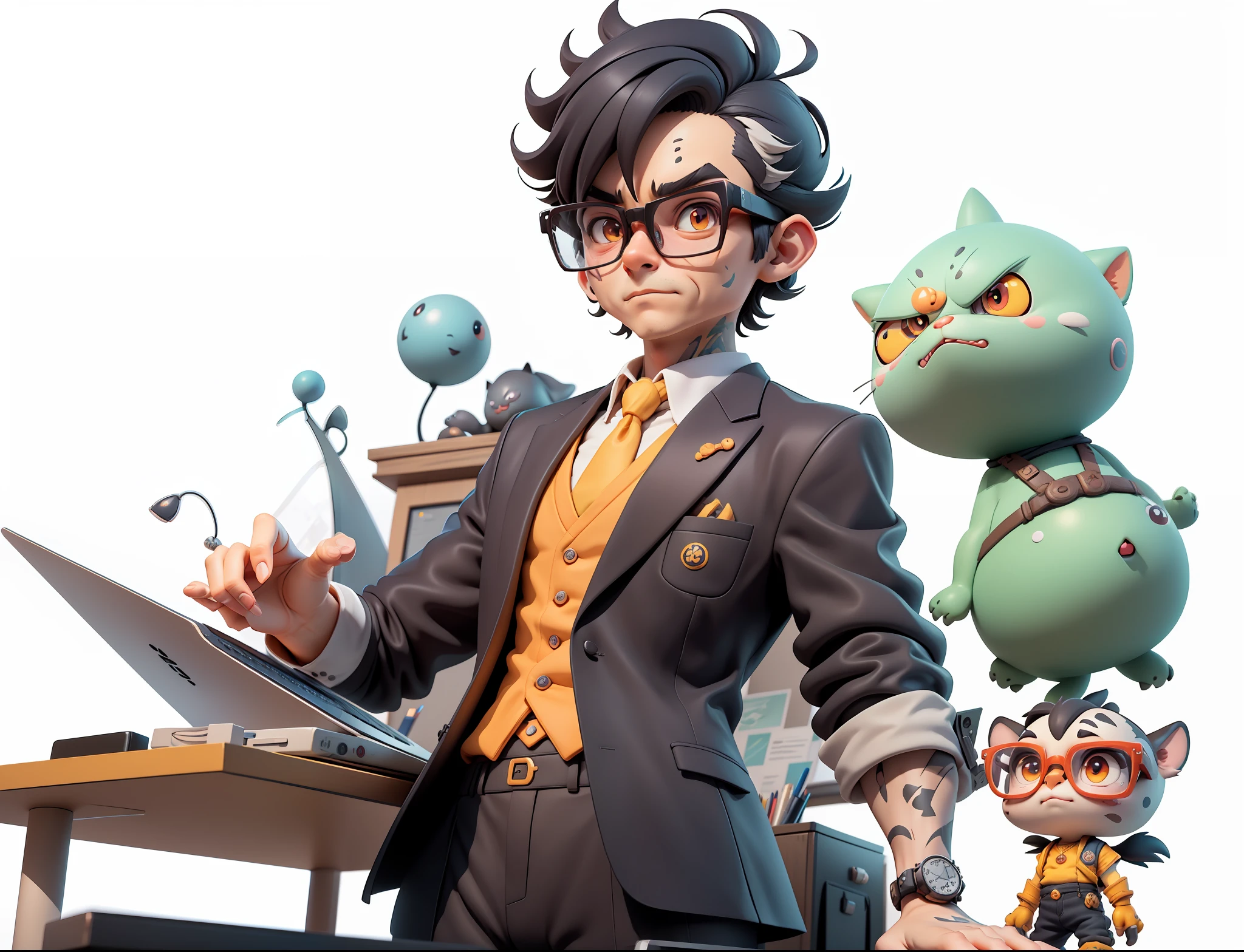 A young man in a suit, Short hair and glasses sat at his desk，holding laptop，digitial painting，tigre，3D character design by Mark Clairen and Pixar and Hayao Miyazaki and Akira Toriyama，4K HD illustration，Very detailed facial features and cartoon-style visuals。