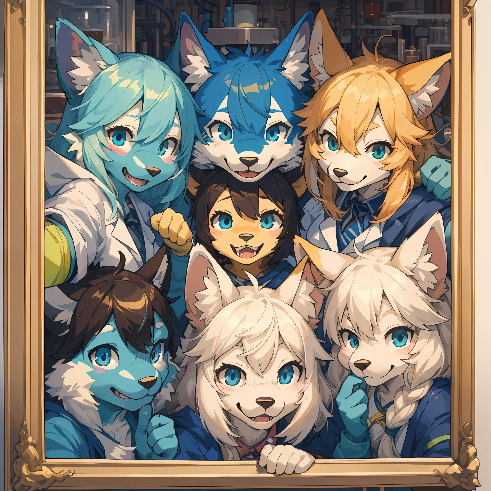 top quality, best quality, High-quality illustrations, masterpiece, super high resolution, detailed background, detailed background, laboratory, scientist, group shot:0.2, 6+boys, 6+girls, Happy, joyful, absurdres(highly detailed beautiful face and eyes)perfect anatomy(kemono, furry anthro)selfie:0.1,