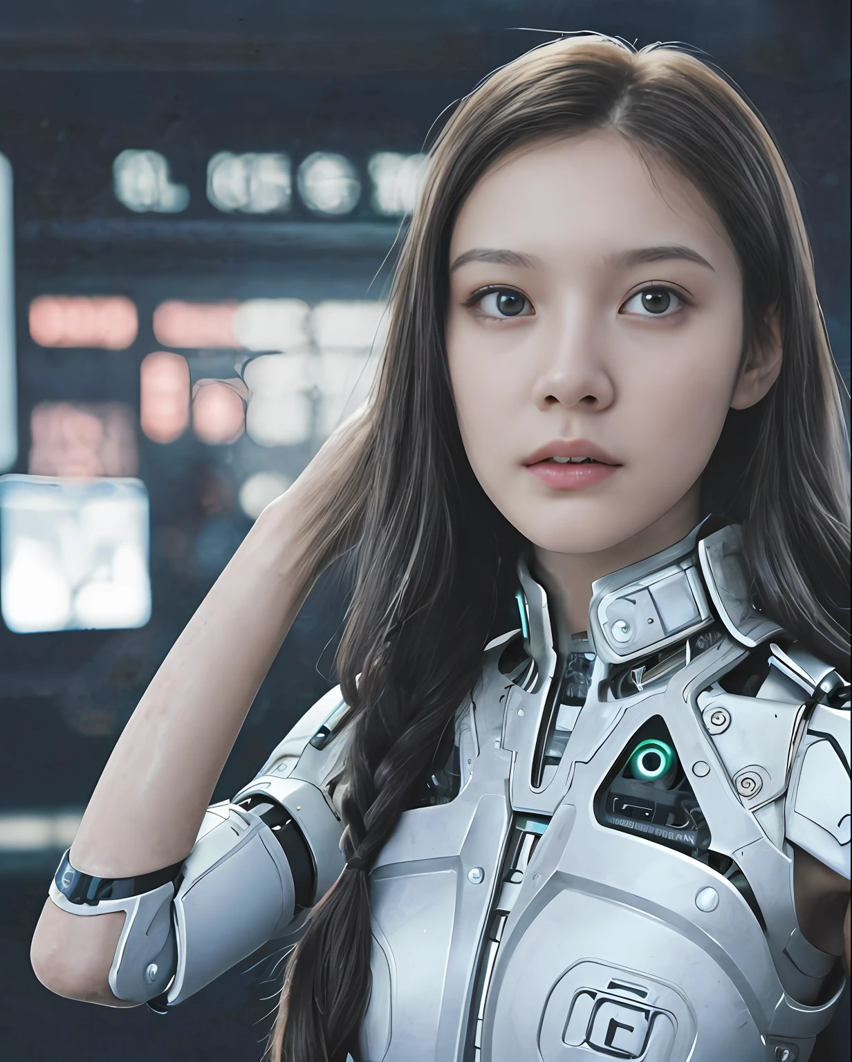 Film grading film, Photography, primitive, Masterpiece, Evil woman, magick, ultra-wide-angle, the golden ratio, ultra fine photos, (cyborg arm:1.3), Medium breast, Best quality, 超高分辨率, Photorealistic, Sunlight, stunningly beautiful, Half body, Delicate face, Vibrant eyes, Original photo, 1girll, Solo, 1girll, Long scarf around the neck, Head Cover, goggles, (Extremely detailed Cg Unity 8K wallpaper), most beautiful artwork in the world, Professional photography, trending on artstationh, trending on CGSociety, Intricate, High detail, Sharp focus, Dramatic, Photorealistic, Cyberpunk, Futuristic, Pale skin, Slim body, (highdetailskin:1.2), 8K UHD, Digital SLR, Soft lighting, High quality, filmgrain, femele, Glossy, Pink and white vibe, (Bob has long braided hair:1.3), (Cyberpunk world town background:1.4), (Highest quality:1.3), (Sharp focus:1.5), (Photorealistic:1.3), (Highly detailed skin), (Detailed face), (highdetailskin:1.2), (glistning skin:1.2), cyborg arm