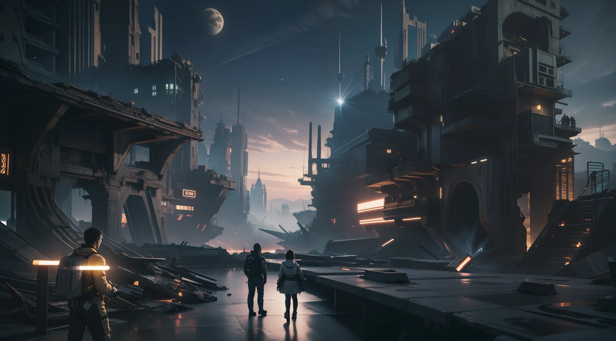 the night,Astronauts are exploring the ruins of a futuristic city. The scene was full of anticipation and mystery. The perspective overlook scene is full of intricate details, Show off cinematic style ,surrealism, hyper photorealism, Chiaroscuro, Depth of field, JPEG artifacts, Wide shot, Perspective, Atmospheric perspective, in a panoramic view, Lens flare, hyper HD, Masterpiece, ccurate