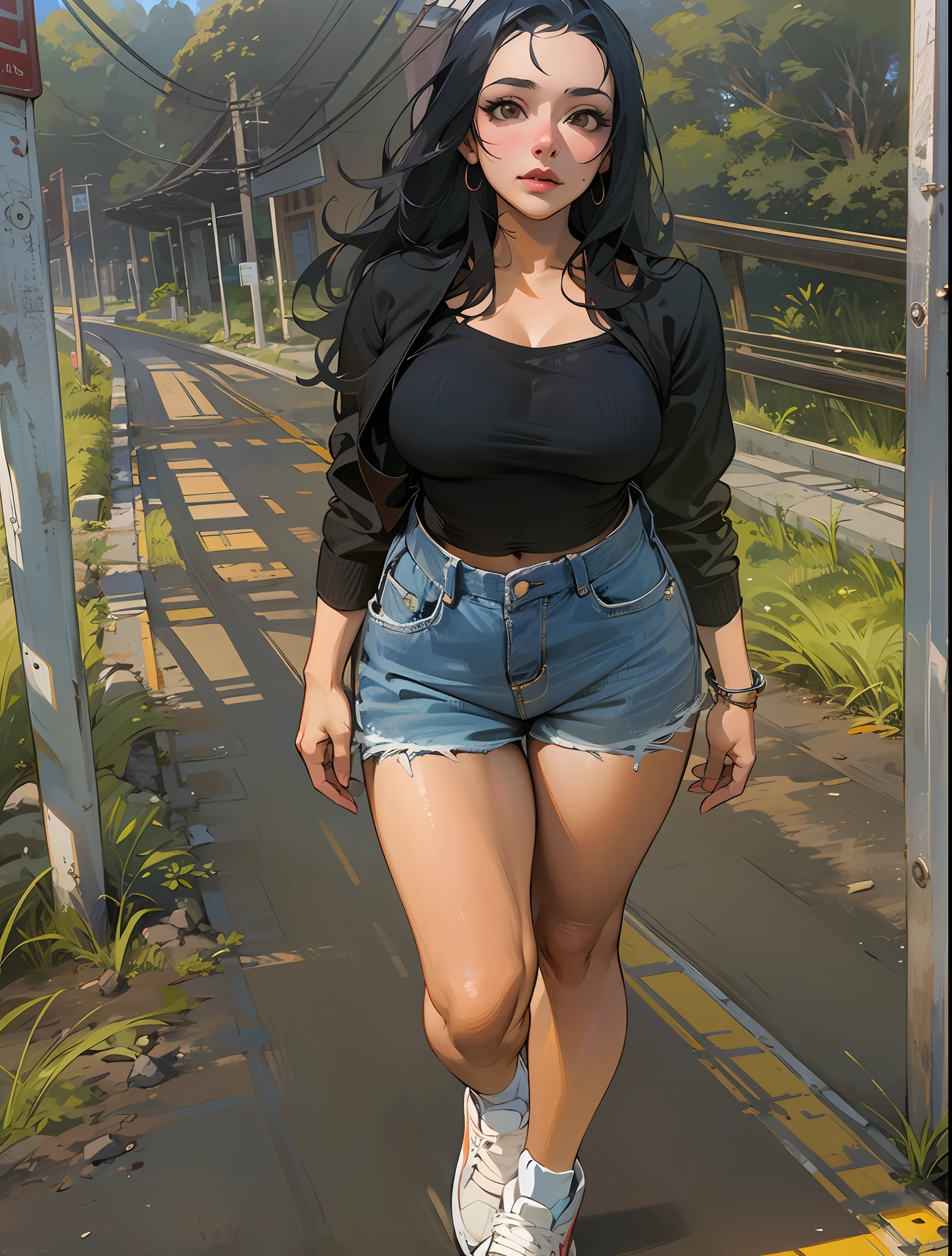 There's a very sexy 30-year-old woman in a realistic close-up., hot, Despreocupado (Peta Jensen pov), medium dark gray hair and gradient at the ends, cabelo batendo nos ombros, na altura dos ombros, olhos verdes esmeralda, sobrancelha cerrada, olhar penetrante e sensual, nariz esnobado, empinado e arredondado, sardas no rosto, rosto ruborizada, thick lips, boca entreaberta, jaqueta de couro preta usada, Usado, jaqueta aberta para a barriga, totalmente aberta, barriga com piercing, no-bra, not wearing a bra, corpo perfeito e sexy, great contrast, realista, barriga natural marcada, jeans curto curto desabotoado, open zipper, sem calcinha, does not wear panties, quadril largo, pele com sardas, peitos grandes (Oppai), massivos, Mamalhuda, Seios enormes (peitos grandes) e molhados, drops of water running over your body, seios molhados, algumas poucas sardas nos seios, seios arredondados e volumosos, mamilos estufados e molhados, well visible, molhada, pingos de chuva, tempo nublado e fechado, Realistic cinematic light, dust particles in the air, parada olhando para cima, vista de cima, close de cima, View from above, olhar de cima, wearing sneakers, Sneakers tied, branco com linhas azuis, Stop at a bus stop on the road, estrada na coluna, lugar afastado, banco velho e bem sujo, descascando, Mooring, Great details, realista,estrada abandonada, com chuva leve, rusty road signs, mato seco, quadril largo, ajeitando os cabelos, realista, 4k, profundidade, tudo muito realista e detalhado, attention to the smallest details, Cinematic details.
