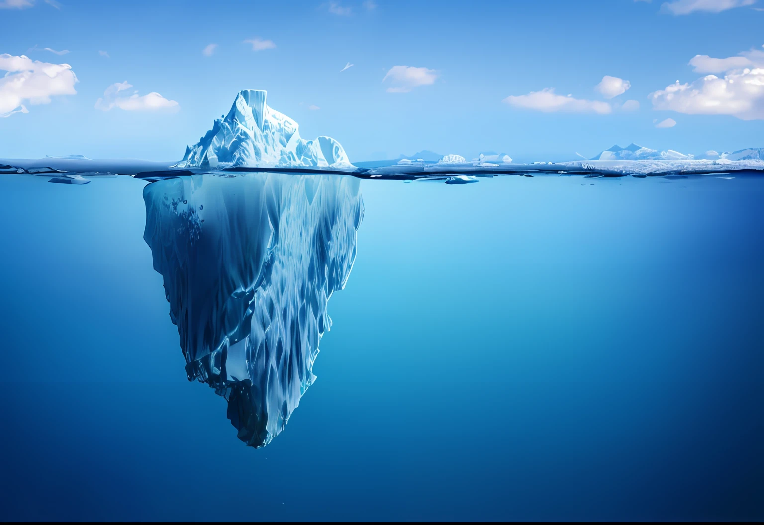 there is a large iceberg floating in the ocean with a sky background, iceberg, incredible depth, mountains made out of icebergs, amazing depth, photo of the middle of the ocean, half submerged in water, deep depth, sea underneath, with a snowy mountain and ice, middle of the ocean, deep perspective, icebergs, partially submerged, partly underwater, highly rendered