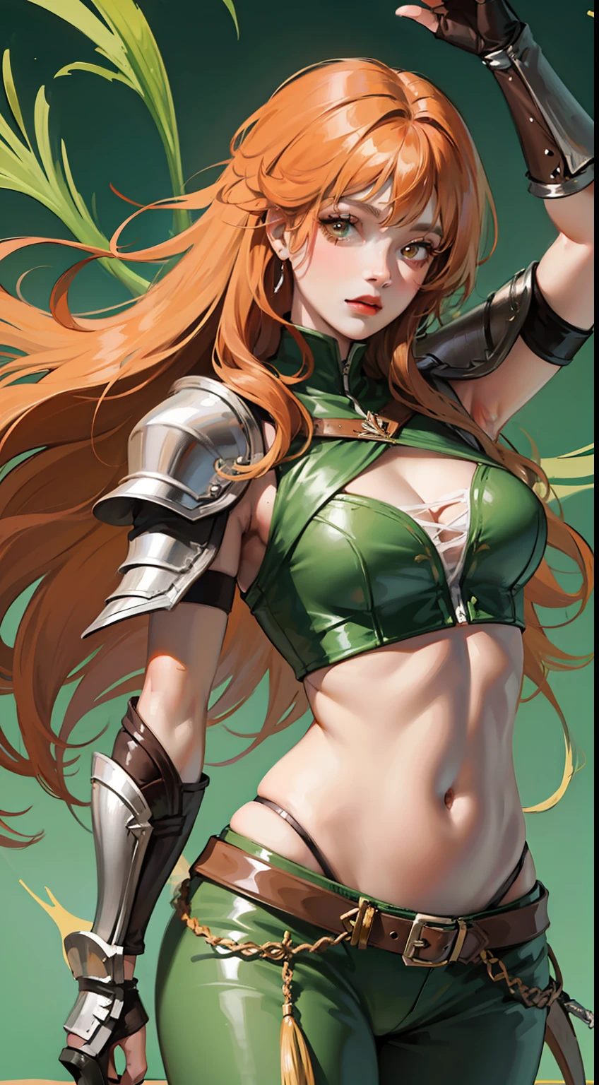 adult girl, long curly orange hair, The Witcher's Yellow Eyes, Green sleeveless top, open belly, musculature, leather armour, sword, Masterpiece, hiquality