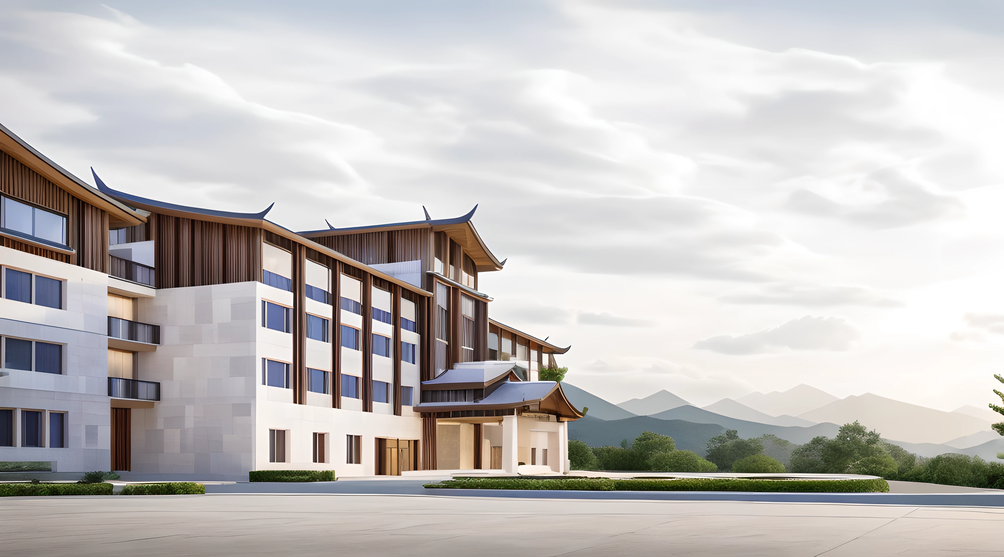 Lijiang，5 stars hotel，（tmasterpiece，and the sun was shining brightly，Strip light，suns，Sunnyday，white marble walls），The building greets the lights，Light-receiving surface，A fusion of modern and vernacular architecture，The roof has curves and warping angles，realistic cgi render，archviz，with blue sky and white clouds