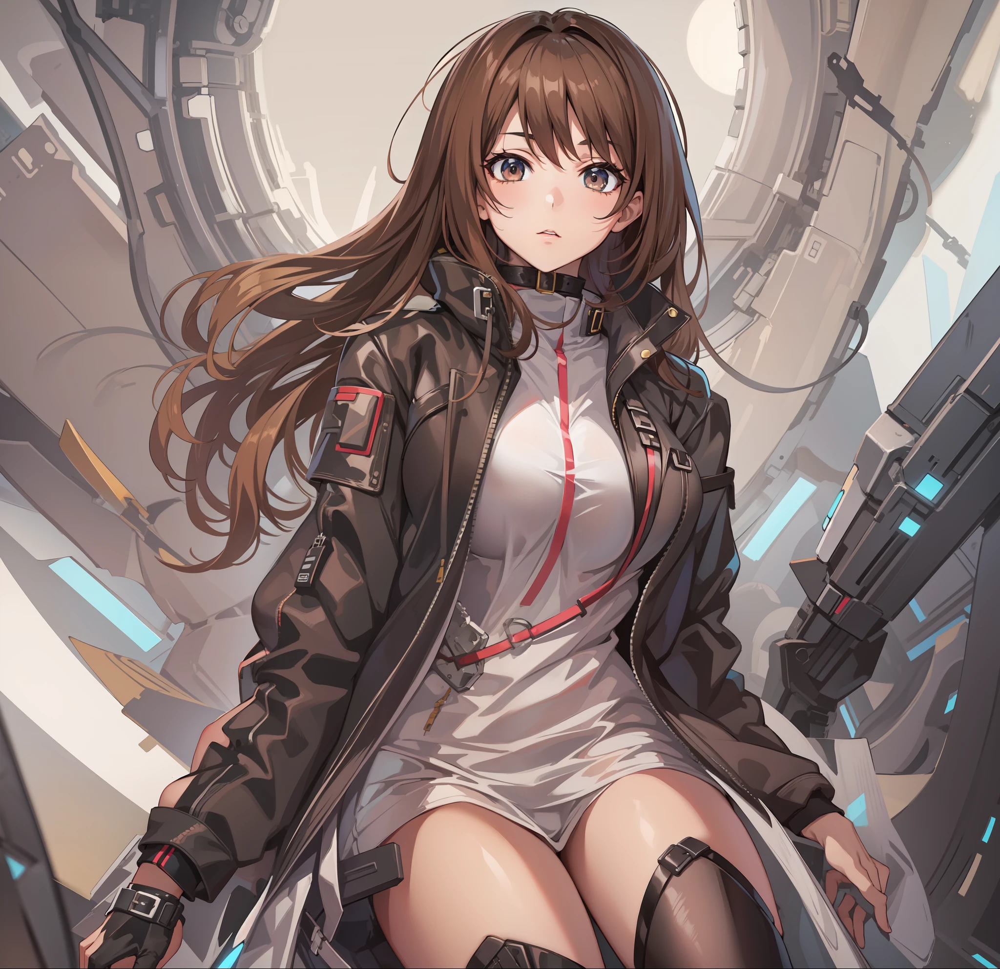 Create an artwork of an anime girl, wearing stylish and edgy futuristic clothing, brown hair, full body shot, sexy, seductive, large breasts, skinny