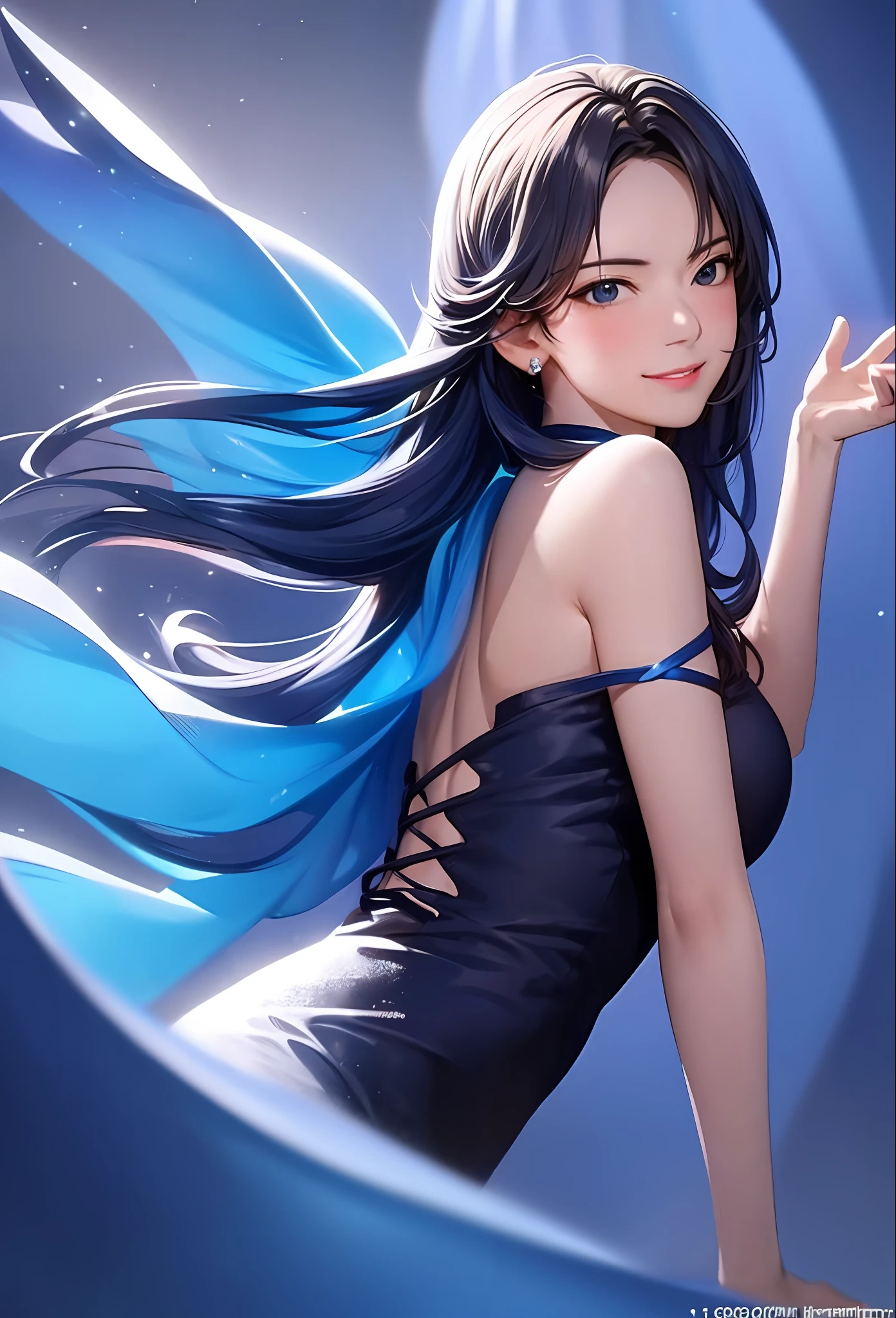 (8k, top quality, masterpiece: 1.2), (realistic, photorealistic: 1.37), super detailed, girl alone, cute, solo, midnight, beautiful detailed sky, detailed café, sitting, dating, (blush), (smile: 1.15), small breasts (mouth closed), beautiful fine eyes, floating hair NovaFrogStyle, back open dress, blue rose accessories, Blue rose background
