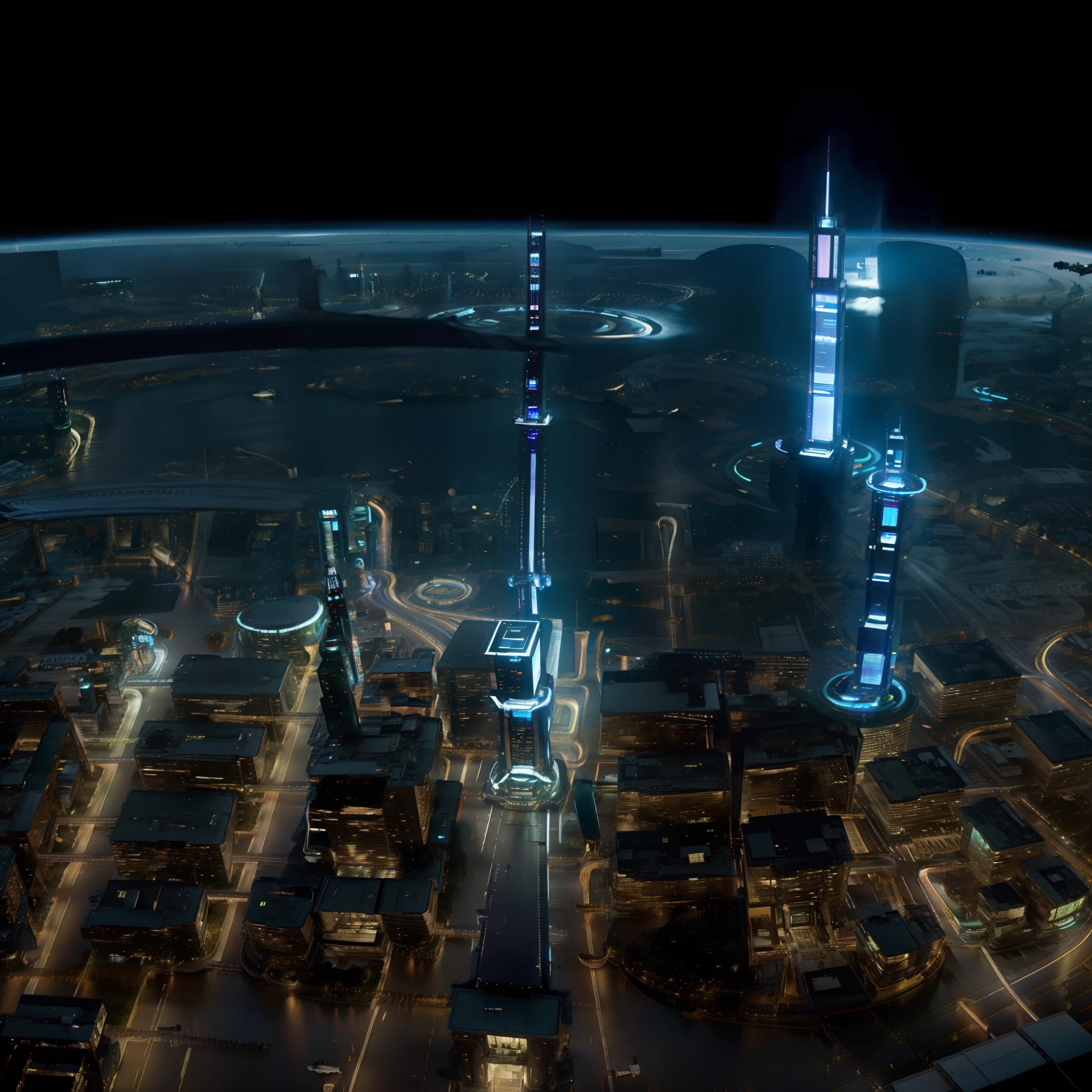 City of the future, at night, with planetary sky ornaments, tall buildings, pov from above, very detailed, dh