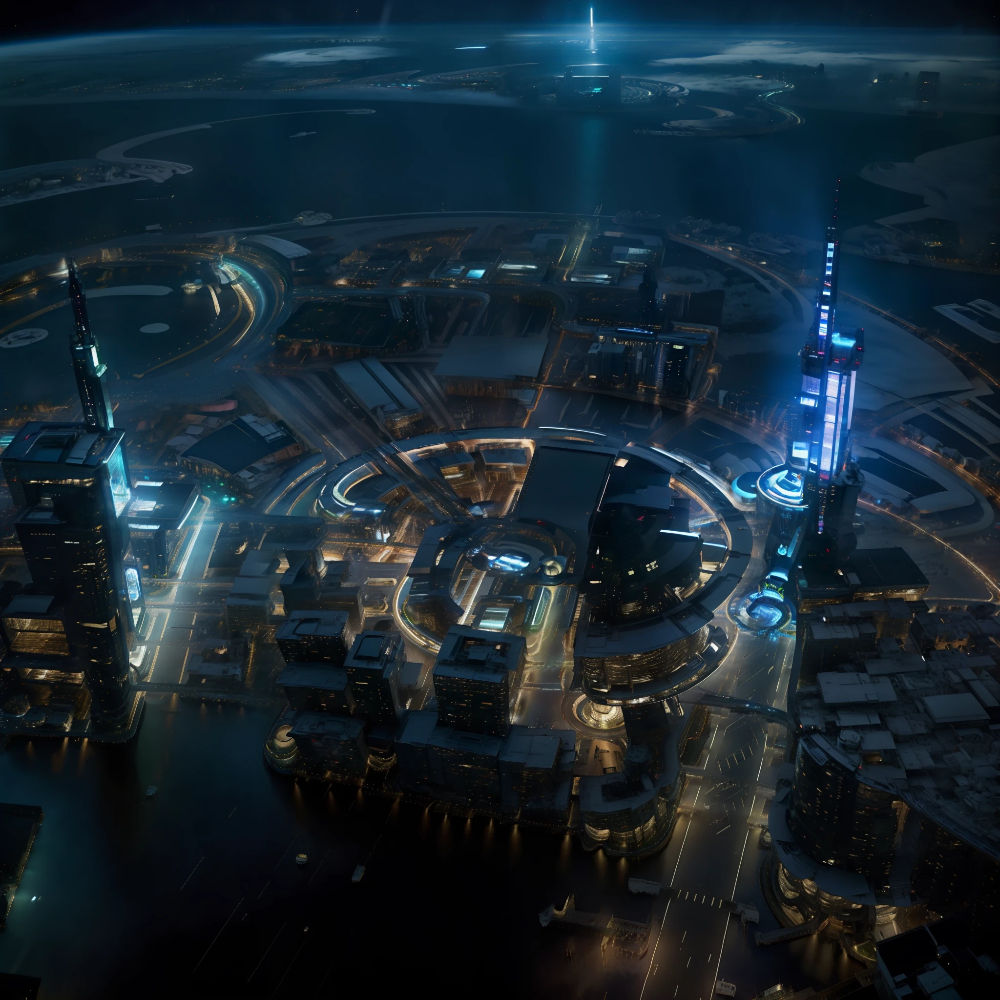 City of the future, at night, with planetary sky ornaments, tall buildings, pov from above, very detailed, dh