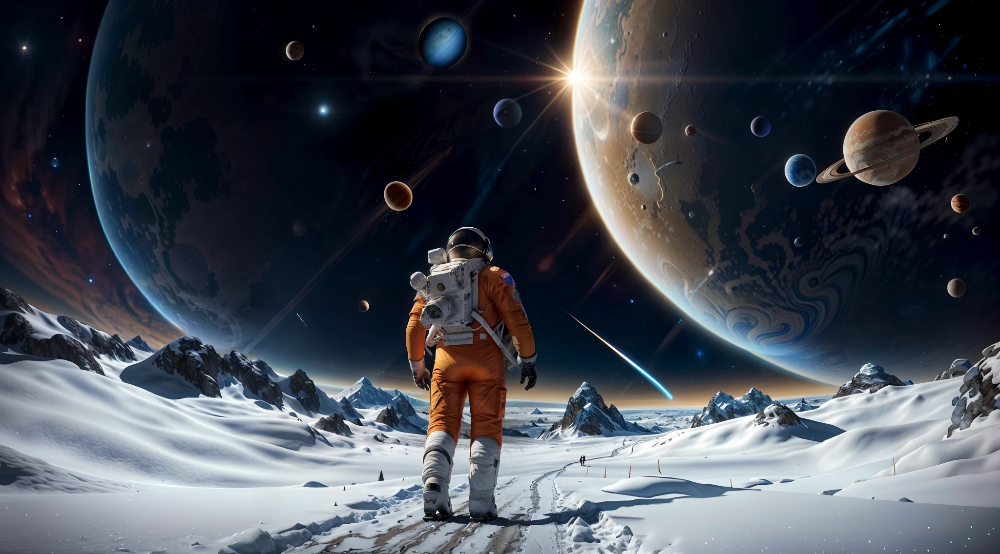 Astronauts walking on snowy surfaces,The background is planets, astronaut stranded on planet, astronaut walking, walking across ice planet, astronaut lost in liminal space, sci-fi space game art, epic fantasy sci fi illustration, space sci - fi, standing in the solar system, astronaut in space, Space landscape, inspired by Scott Listfield, scene in space,Alien planet,Snowy mountains,noon,Big Sun,Orange spacesuit,An astronaut on horseback,Side to back,ice cubes,Bright ground,Dark sky,The planet of the rings,Real light and shadow,A high resolution,ultra - detailed,Realistic texture,Bold textures,Crazy textures,