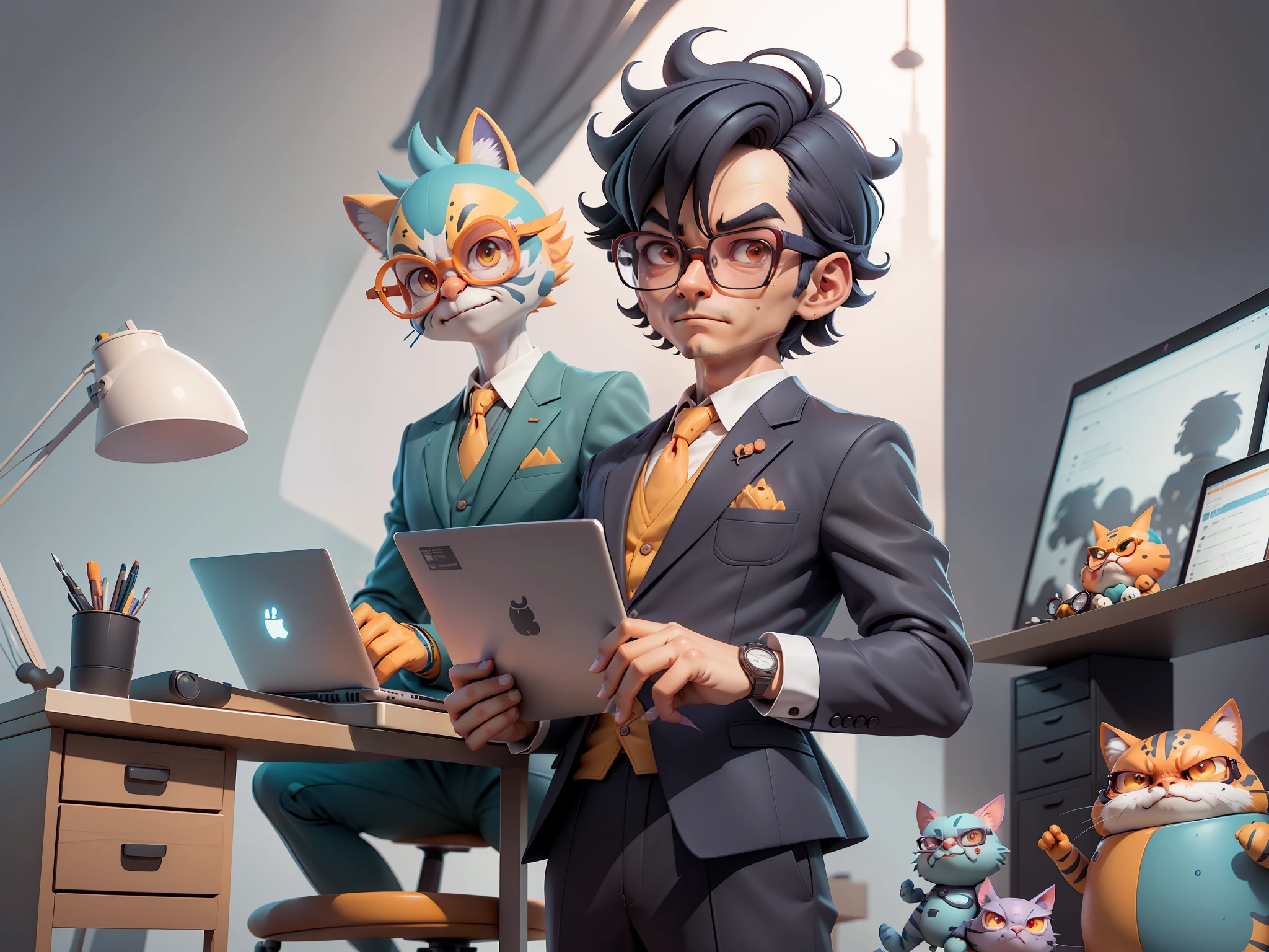 A young man in a suit, Short hair and glasses sat at his desk,holding laptop,digitial painting,tigre,3D character design by Mark Clairen and Pixar and Hayao Miyazaki and Akira Toriyama,4K HD illustration,Very detailed facial features and cartoon-style visuals。