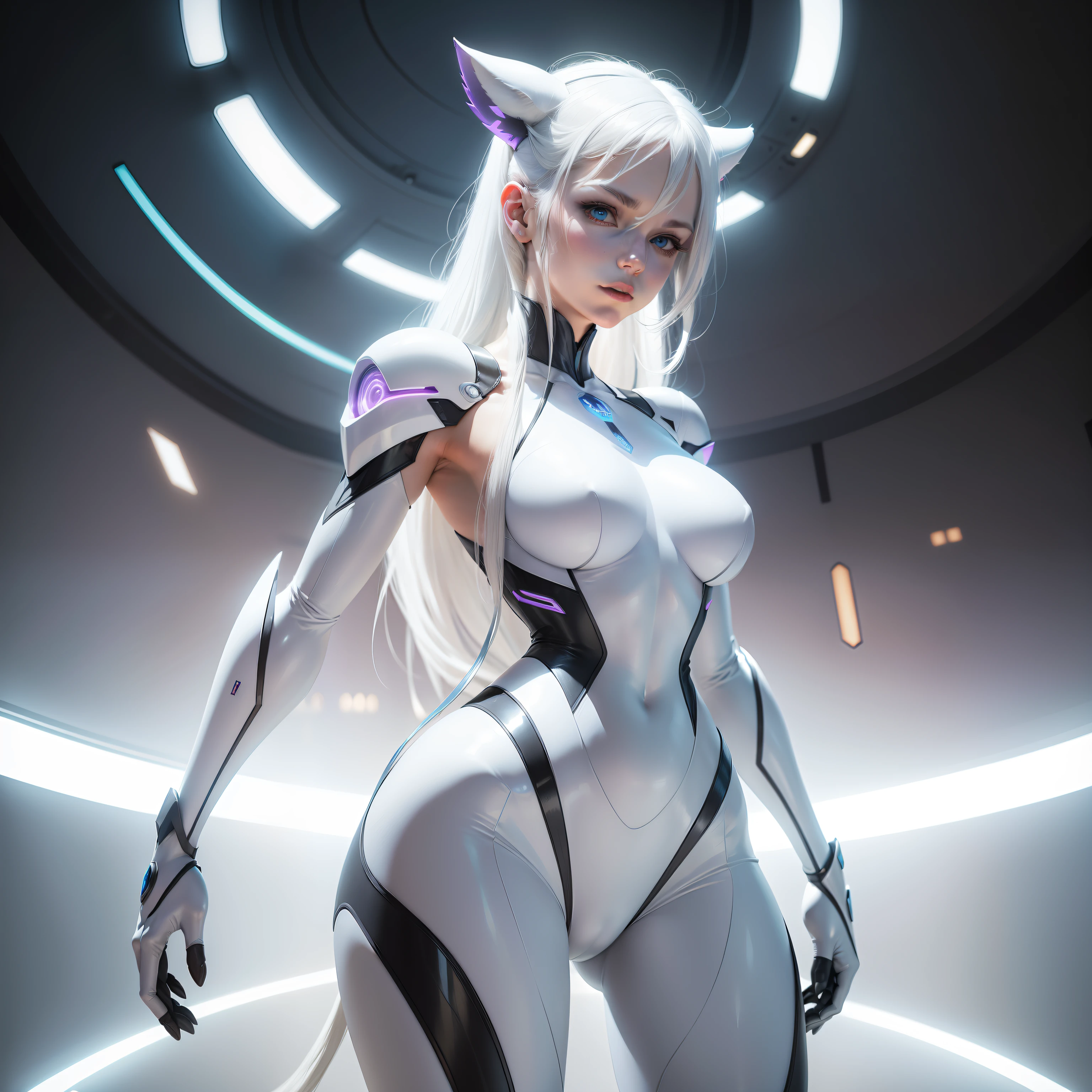A striking highly realistic photo of a white-haired woman dressed as Mewtwo from Pokémon, with a vibrant representation of the costume and a futuristic backdrop.