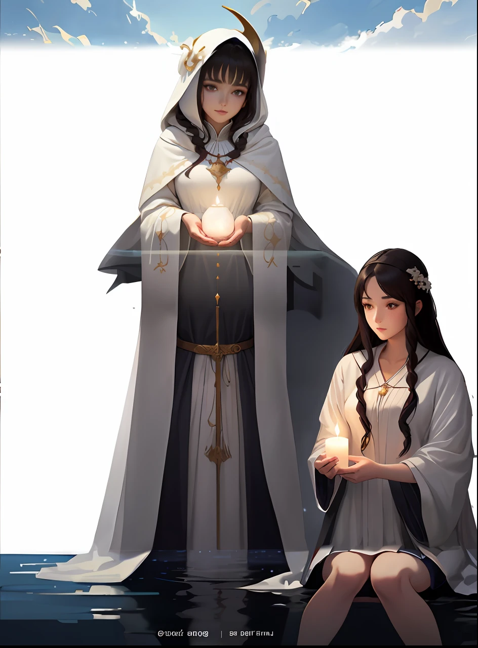 Woman in white robes holding candles next to woman in white robes, artwork in the style of guweiz, guweiz, flowing white robes, wlop and sakimichan, black - haired mage, guweiz on pixiv artstation, flowing robe, Cotton Cloud Mage Robe, wearing flowing robes, priestess, Straw shoes