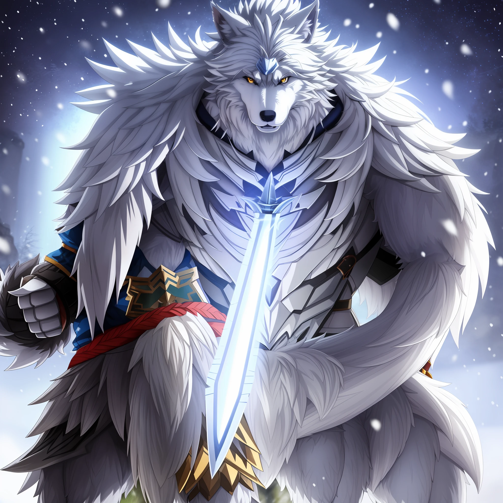 Anime figure，Sword in the snow, muscular werewolf, Good boy wolfhound, Monster wolf, as a badass monster hunter, large wolf, potrait, gnoll, detailed anime character art, A werewolf, fighting game character, trending on artstation pixiv, Berserker Belly white fur full body blue hair Fury