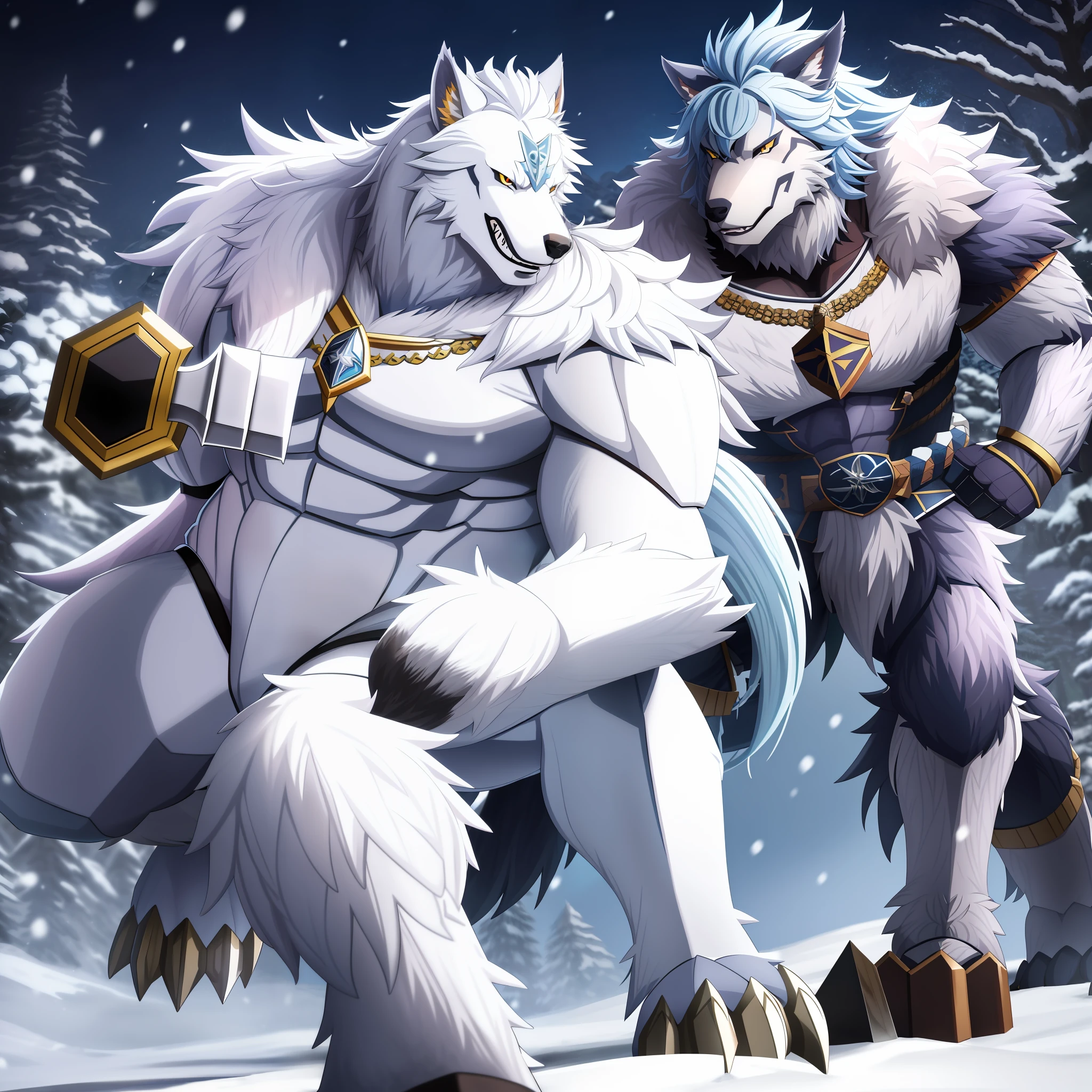 Anime figure，Sword in the snow, muscular werewolf, Good boy wolfhound, Monster wolf, as a badass monster hunter, large wolf, potrait, gnoll, detailed anime character art, A werewolf, fighting game character, trending on artstation pixiv, Berserker Belly white fur full body blue hair Fury