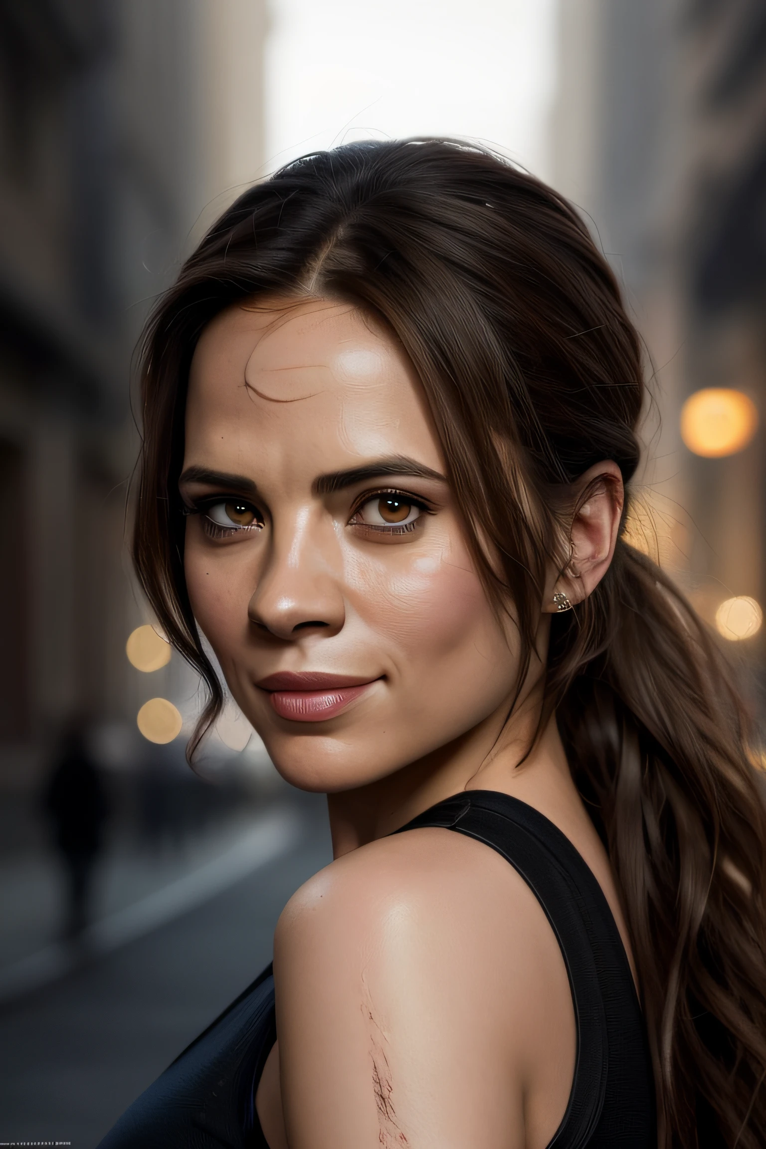 Beautiful woman, Hayley Atwell, superhero, wearing a (Lara Croft cosplay), beautiful legs, (long curly hair), detailed eyes, (detailed realistic face), blush, confident smile, highly detailed, modelshoot style, (extremely detailed CG unity 8k wallpaper), (whole body shoot) photo of the most beautiful artwork in the world, night cityscape alley, fashion top model, trending on ArtStation, trending on CGSociety, Intricate, High Detail, Sharp focus, dramatic, photorealistic painting art by midjourney